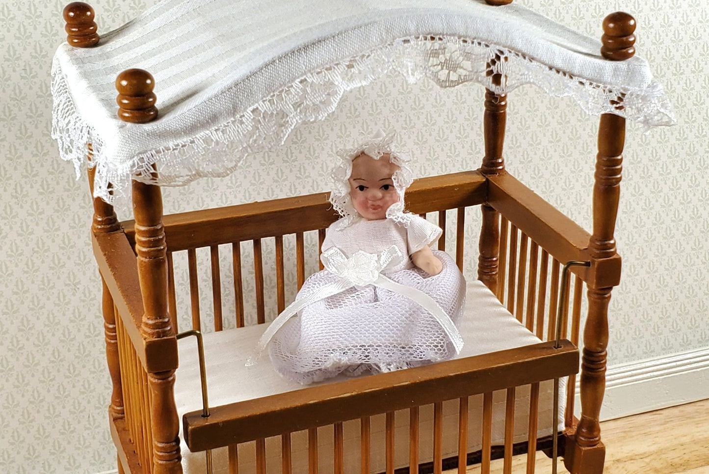 Dollhouse Baby Doll in Long White Gown with Lace Porcelain 1:12 Scale Miniature - Miniature Crush