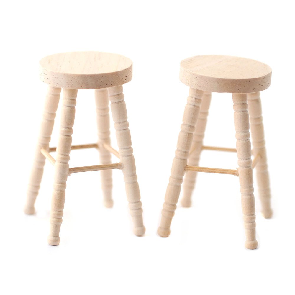 Dollhouse Bar Stools Unpainted Wood Set of 2 1:12 Scale Miniature Furniture - Miniature Crush