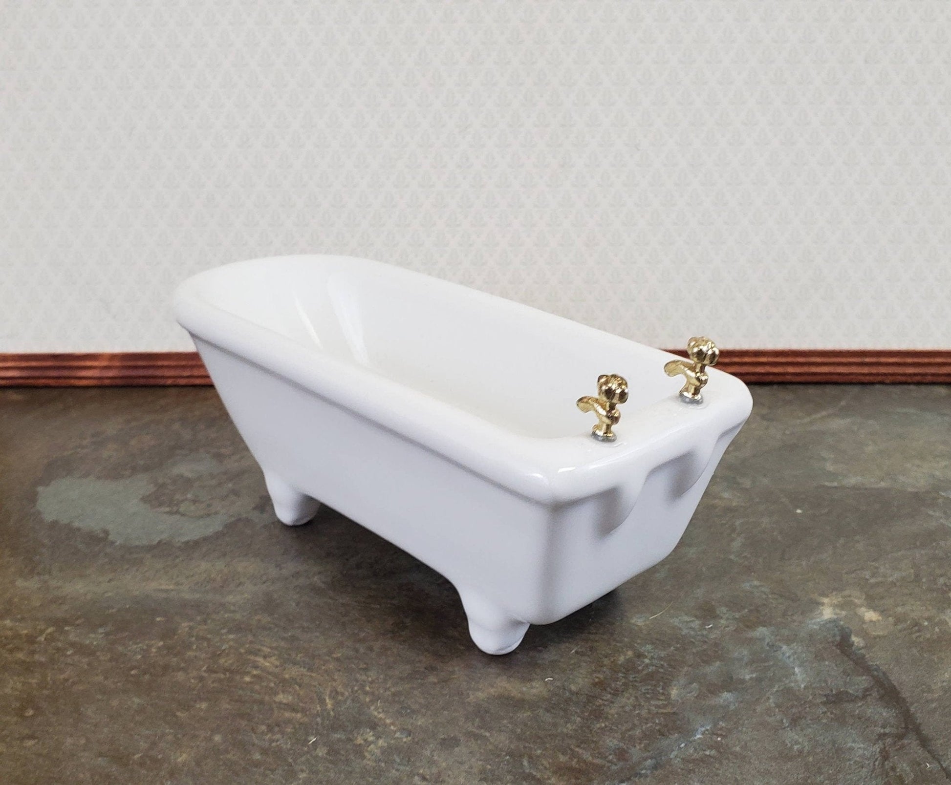 Dollhouse Bathtub Gold Fixtures White Ceramic 1:12 Scale Miniature Bathroom Tub - Miniature Crush