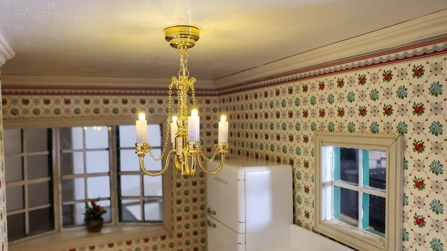 Dollhouse Battery Light 4 Arm Chandelier with Chains 1:12 Scale Miniature - Miniature Crush