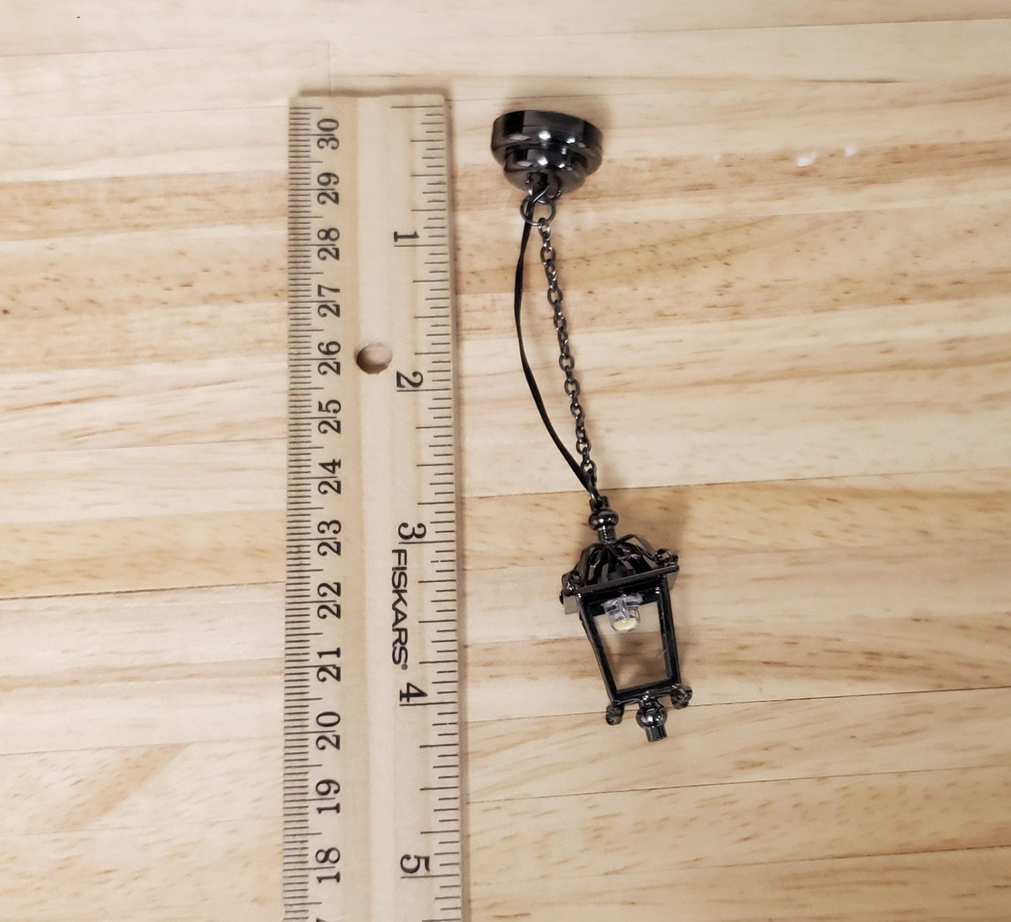 Dollhouse Battery Light Hanging Ceiling Lantern Chrome Black 1:12 Scale Lamp - Miniature Crush