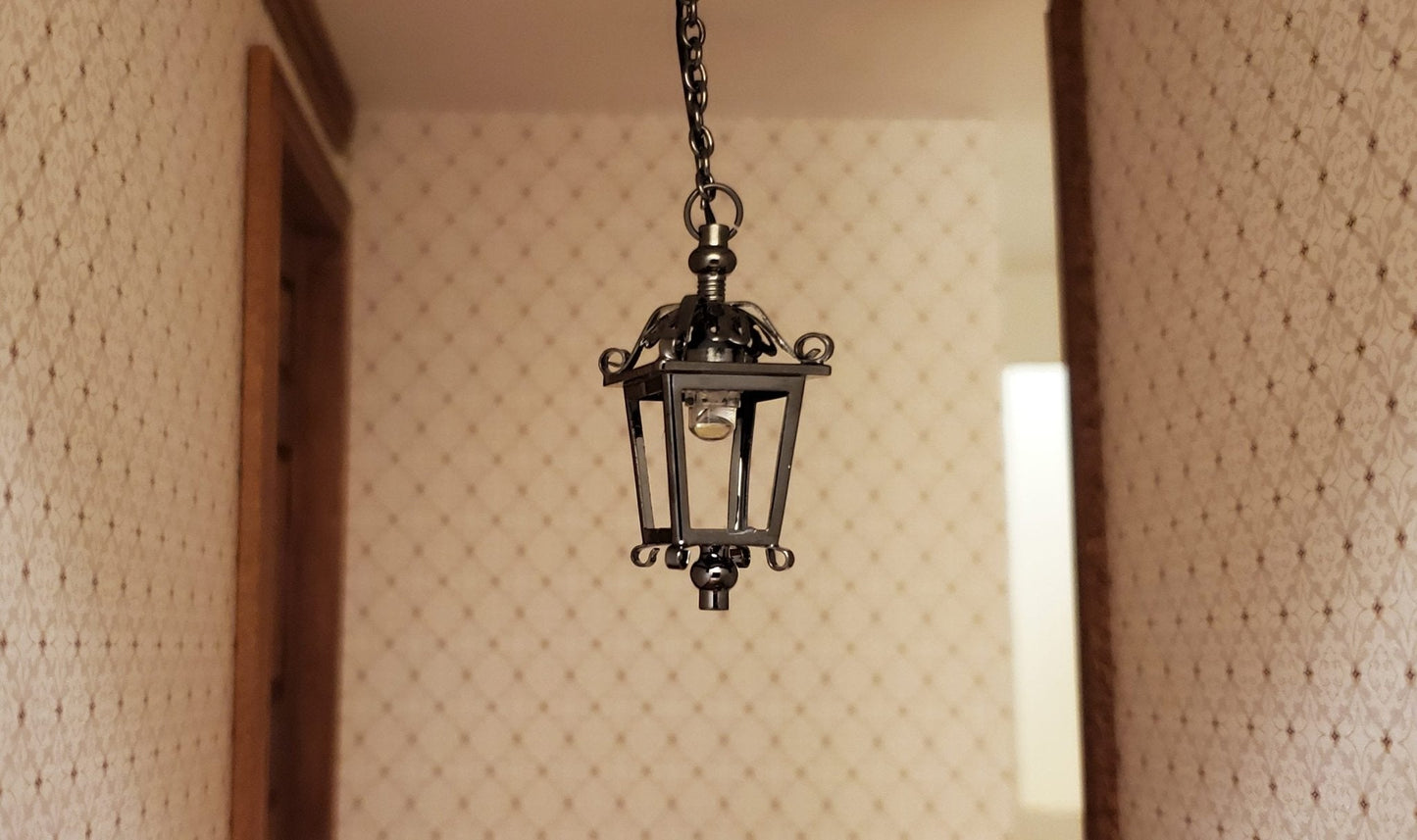 Dollhouse Battery Light Hanging Ceiling Lantern Chrome Black 1:12 Scale Lamp - Miniature Crush