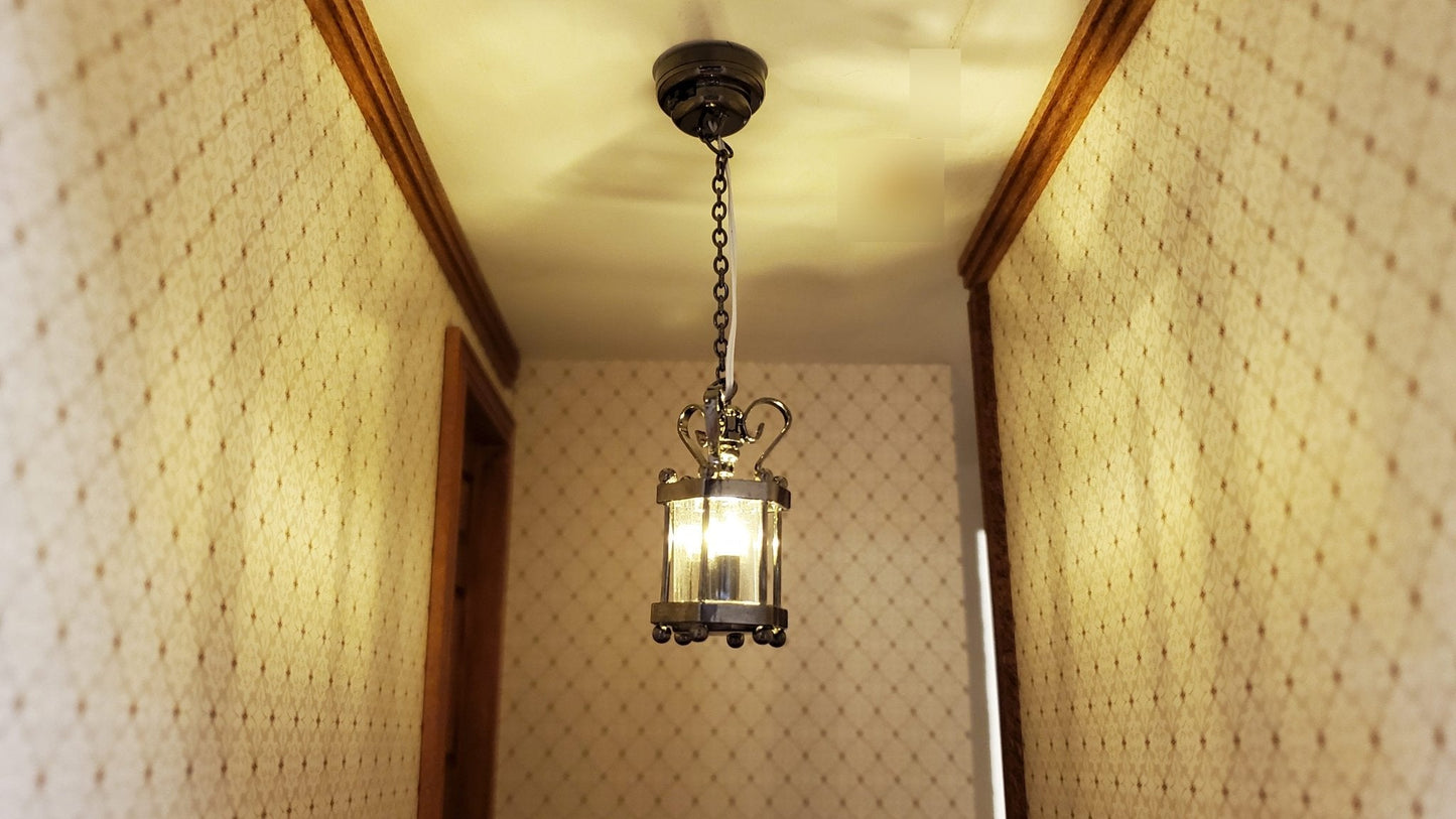 Dollhouse Battery Light Hanging Ceiling Lantern Chrome Black 1:12 Scale Miniature - Miniature Crush
