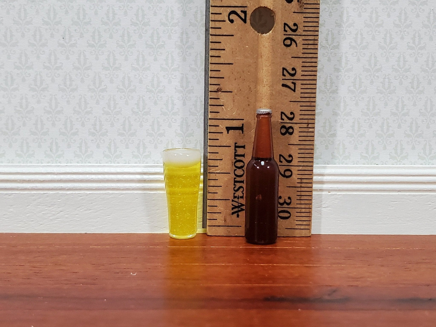 Dollhouse Beer Bottle Brown Ale and Filled Glass Foamy Head Large Miniatures Food - Miniature Crush