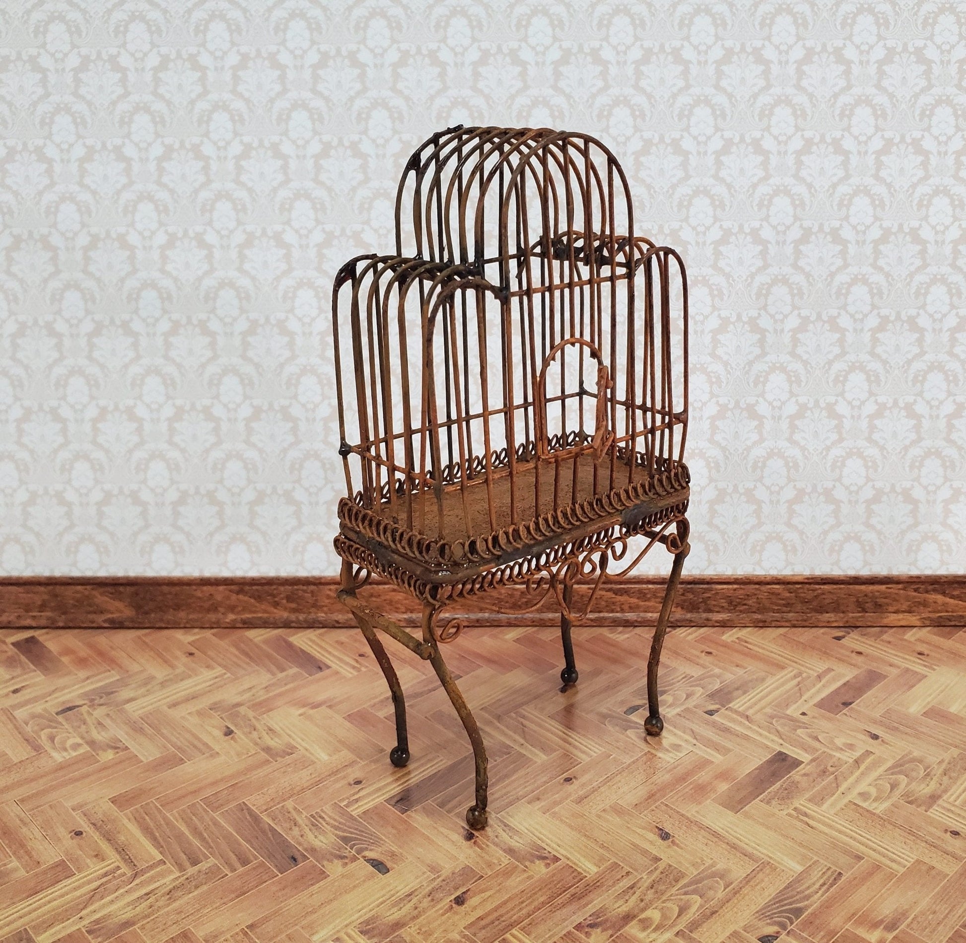 Dollhouse Birdcage Tall Standing "Rusted" Distressed Metal Large 1:12 Scale Miniature - Miniature Crush