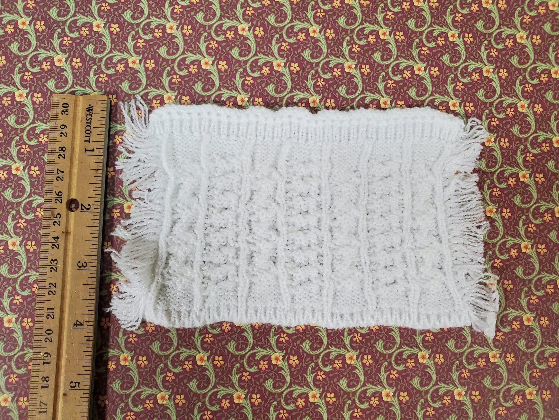 Dollhouse Blanket Cable Knit Throw or Bedspread White Miniature 7 1/2" x 3 3/4" - Miniature Crush
