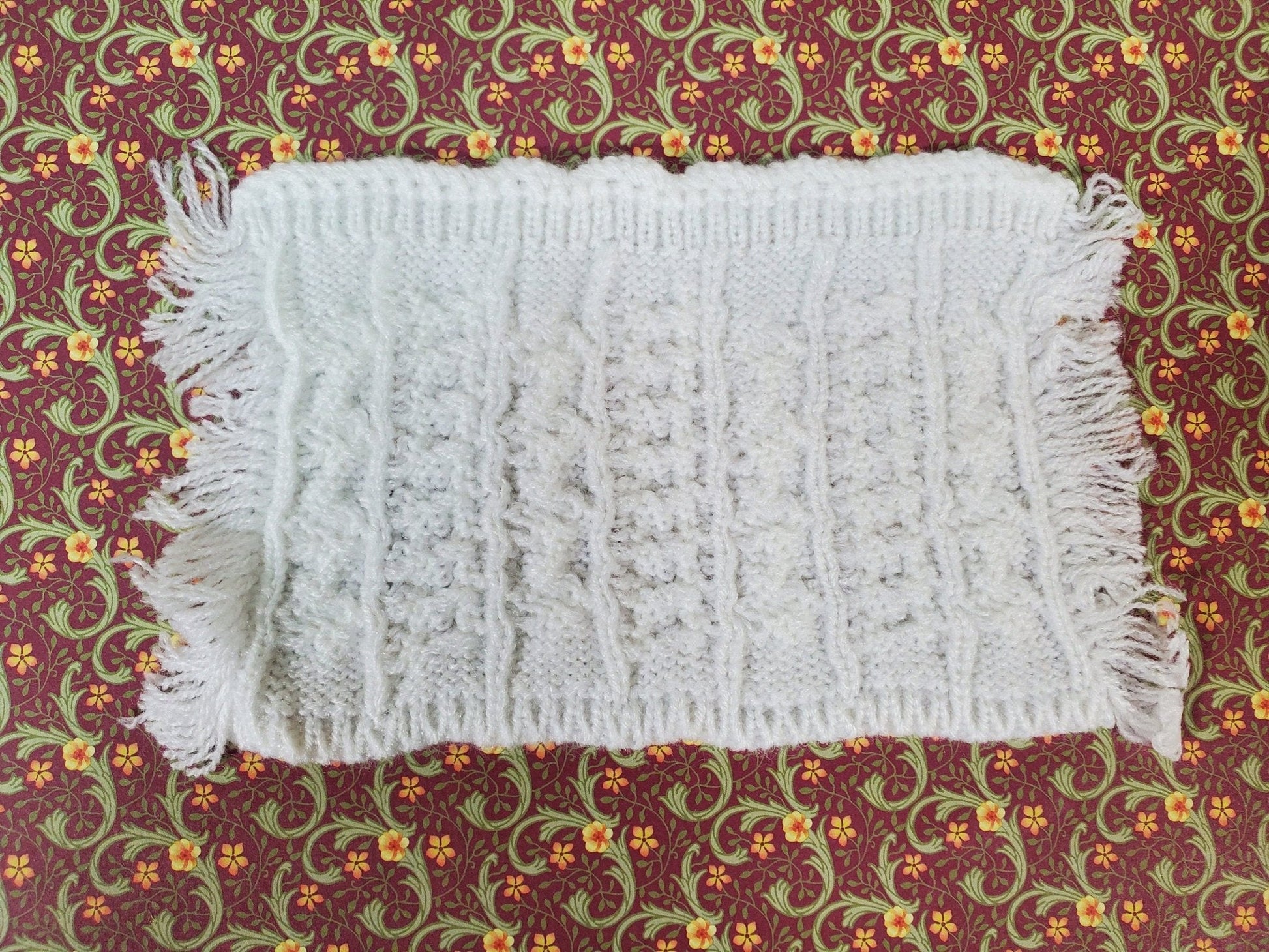 Dollhouse Blanket Cable Knit Throw or Bedspread White Miniature 7 1/2" x 3 3/4" - Miniature Crush