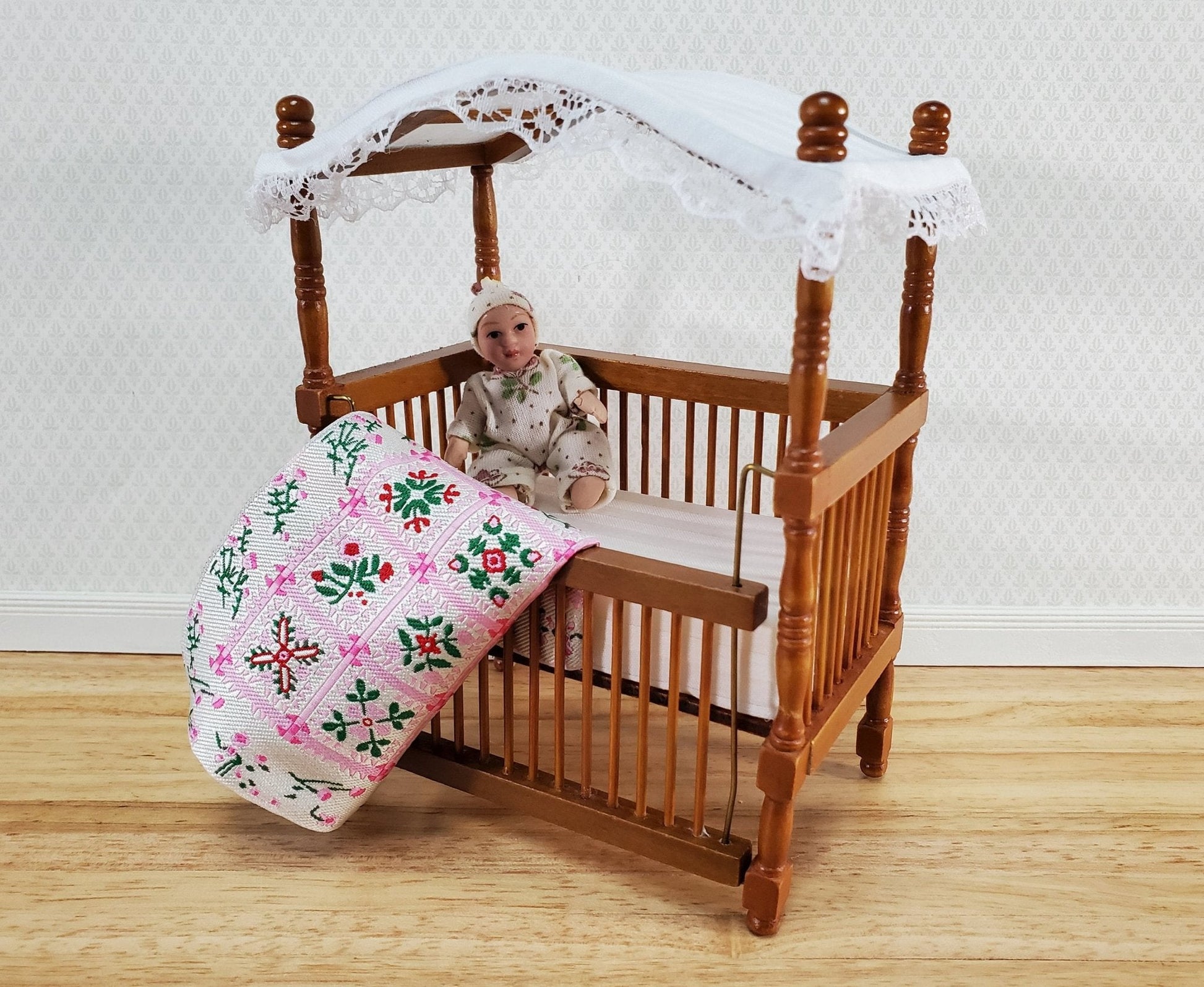 Dollhouse Blanket or Rug Carpet Pink White Green Woven Fabric 1:12 Scale Miniature - Miniature Crush