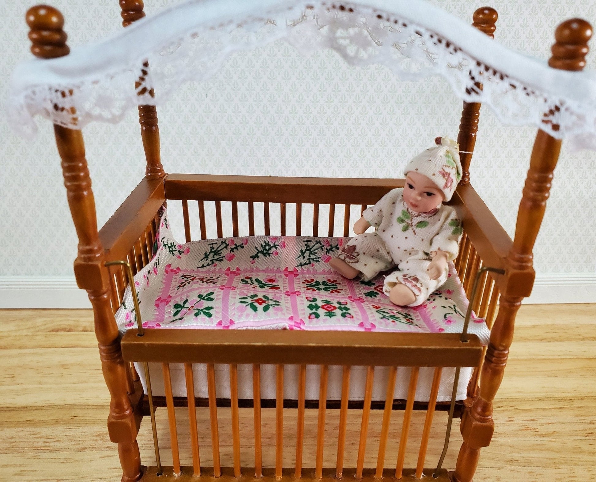 Dollhouse Blanket or Rug Carpet Pink White Green Woven Fabric 1:12 Scale Miniature - Miniature Crush