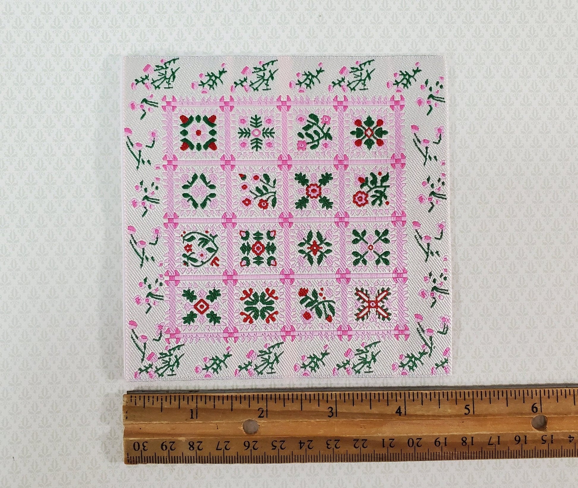 Dollhouse Blanket or Rug Carpet Pink White Green Woven Fabric 1:12 Scale Miniature - Miniature Crush