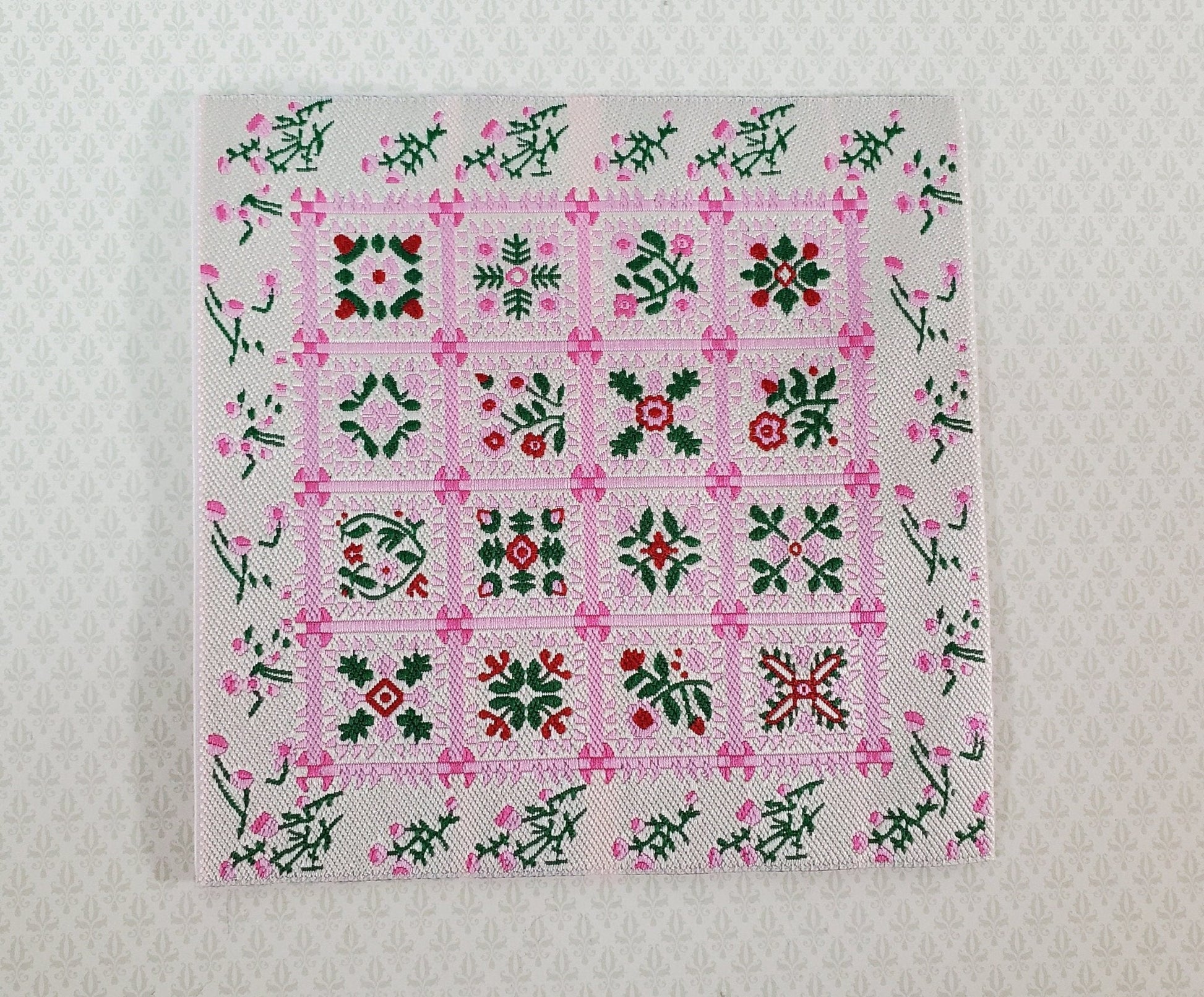 Dollhouse Blanket or Rug Carpet Pink White Green Woven Fabric 1:12 Scale Miniature - Miniature Crush