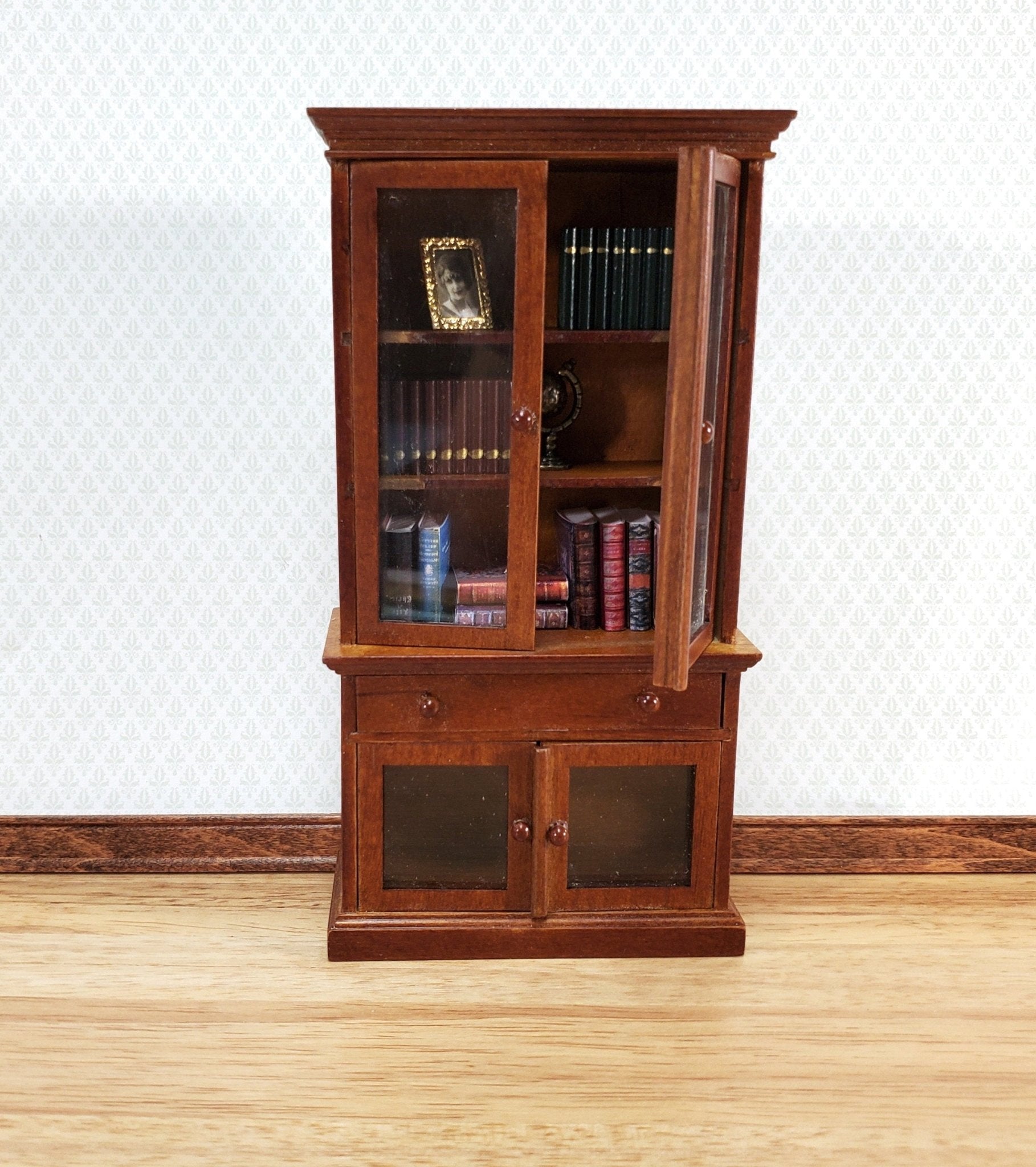 Dollhouse Bookcase Display Cabinet Hutch with Doors Walnut Finish 1:12 Scale Furniture - Miniature Crush