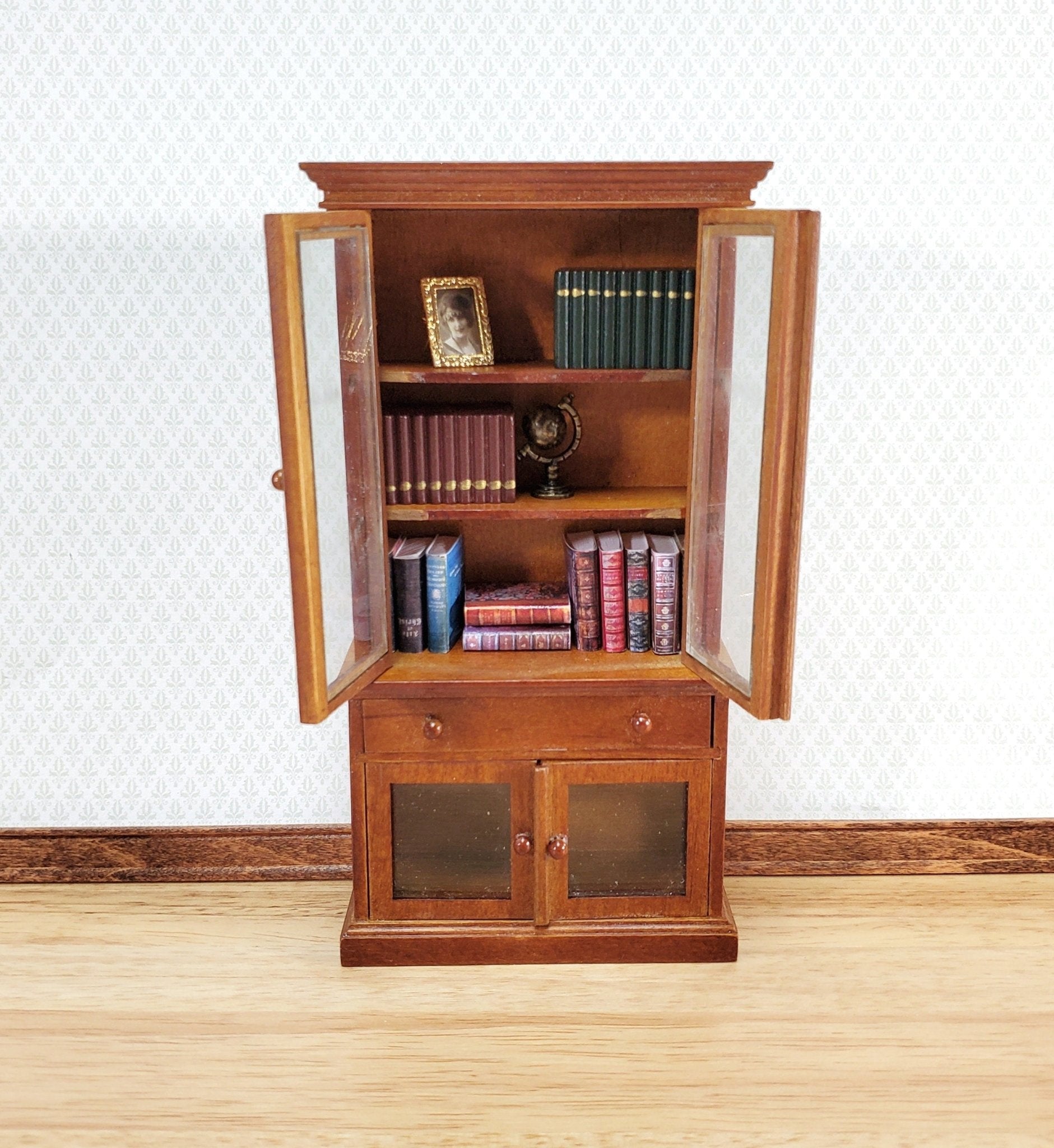 Dollhouse Bookcase Display Cabinet Hutch with Doors Walnut Finish 1:12 Scale Furniture - Miniature Crush