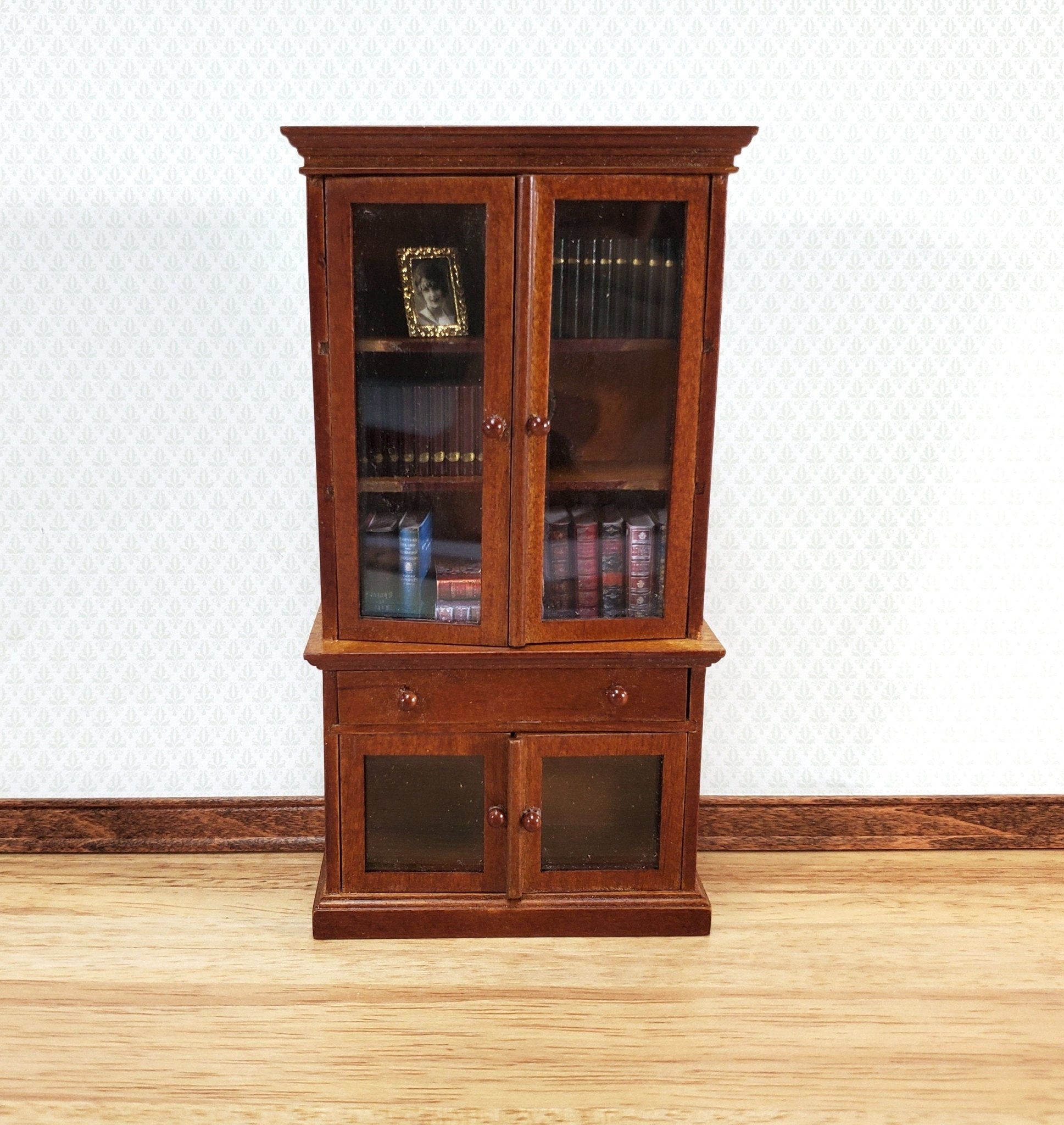 Dollhouse Bookcase Display Cabinet Hutch with Doors Walnut Finish 1:12 Scale Furniture - Miniature Crush
