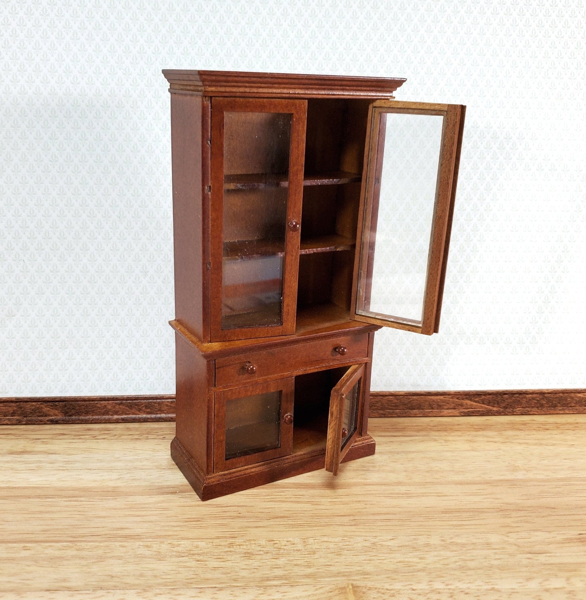 Dollhouse Bookcase Display Cabinet Hutch with Doors Walnut Finish 1:12 Scale Furniture - Miniature Crush