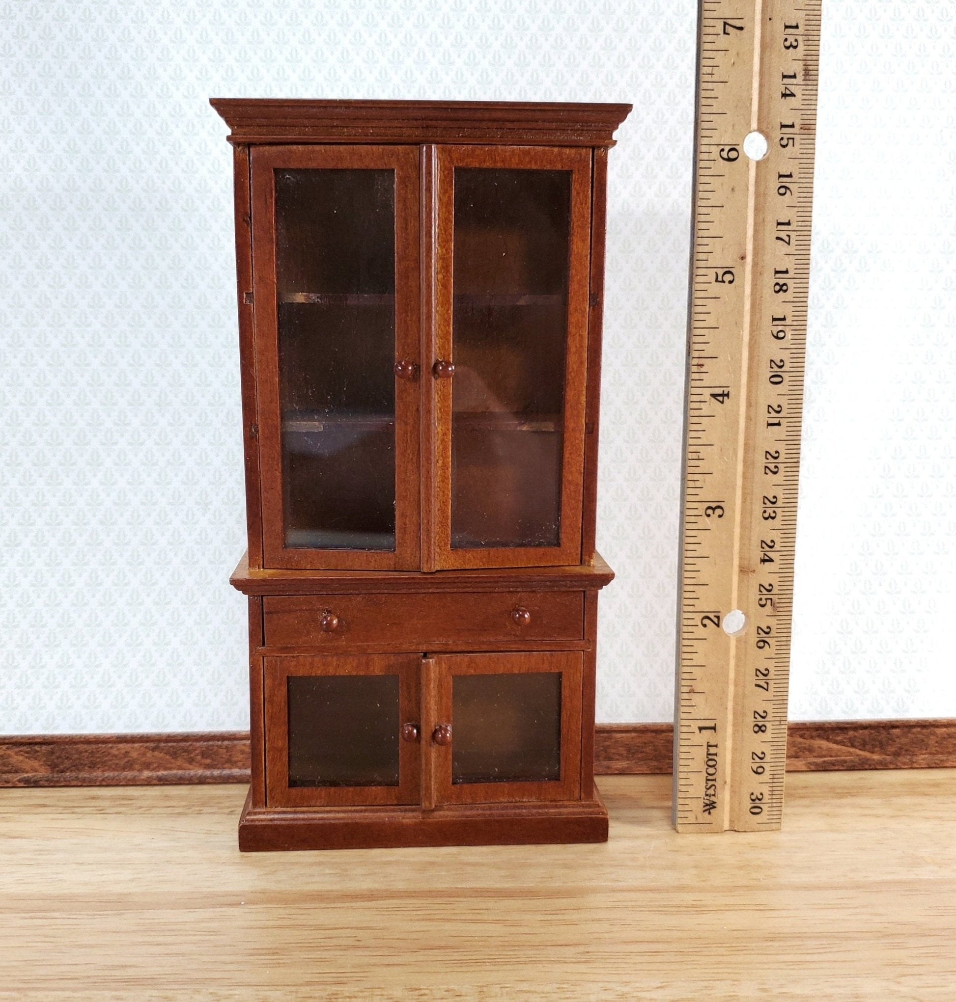 Dollhouse Bookcase Display Cabinet Hutch with Doors Walnut Finish 1:12 Scale Furniture - Miniature Crush