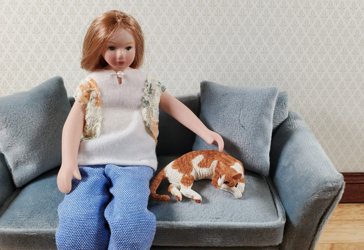 Dollhouse Cat Lying Down Orange and White Tabby 1:12 Scale Miniature Pet Kitty - Miniature Crush