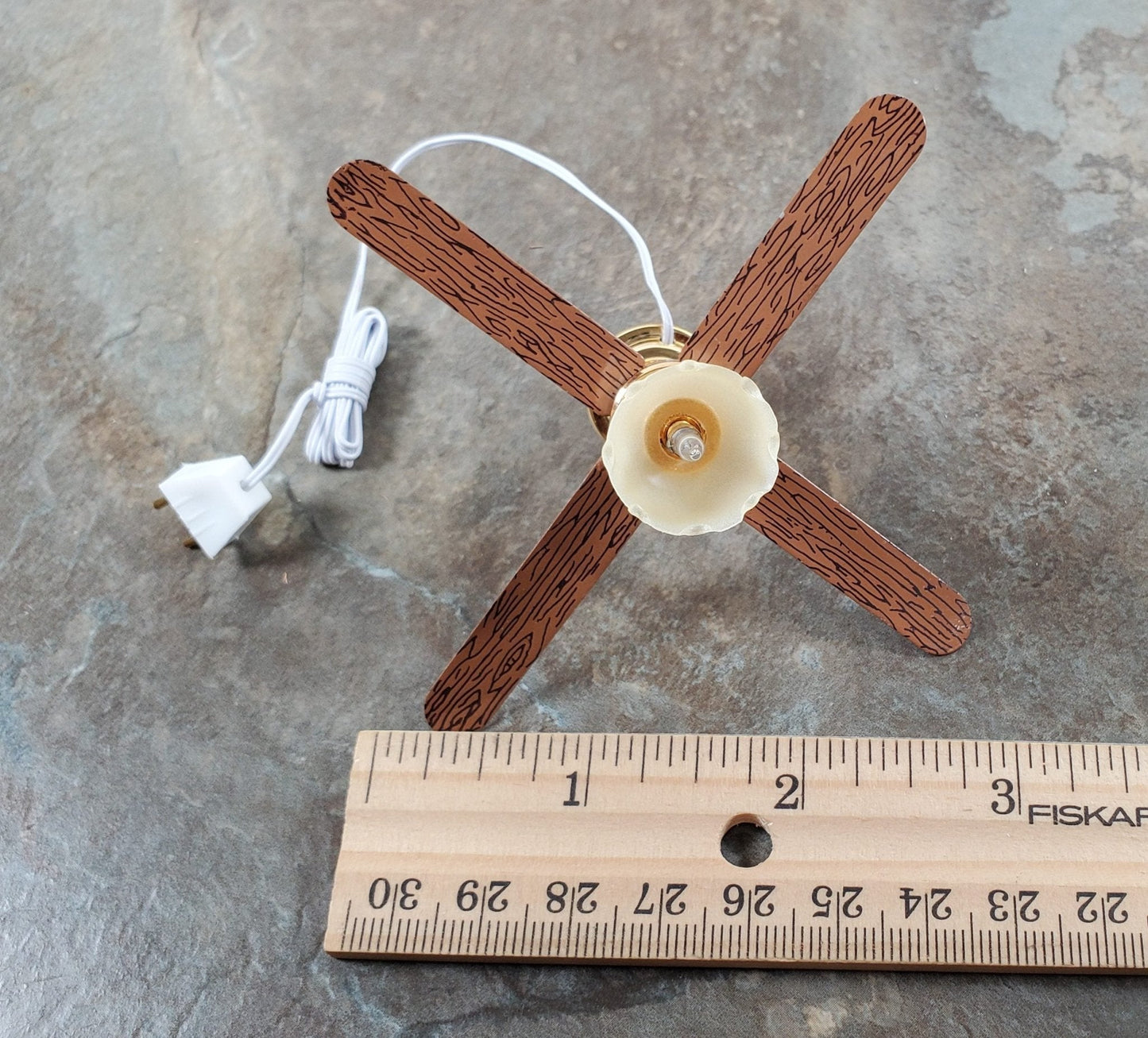 Dollhouse Ceiling Fan Light 12 Volt with Plug 1:12 Scale Miniature Flower Shade - Miniature Crush