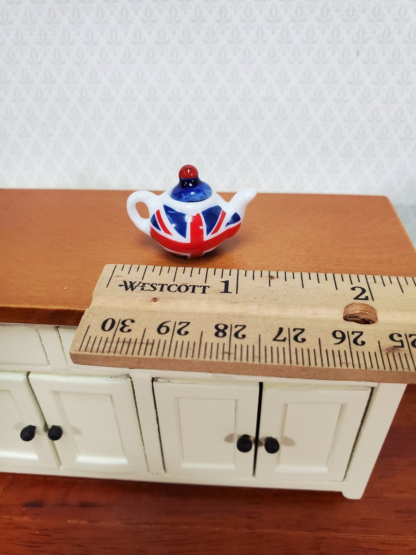 Dollhouse Ceramic Teapot with Removable Lid British Union Jack Flag 1:12 Scale Miniature - Miniature Crush