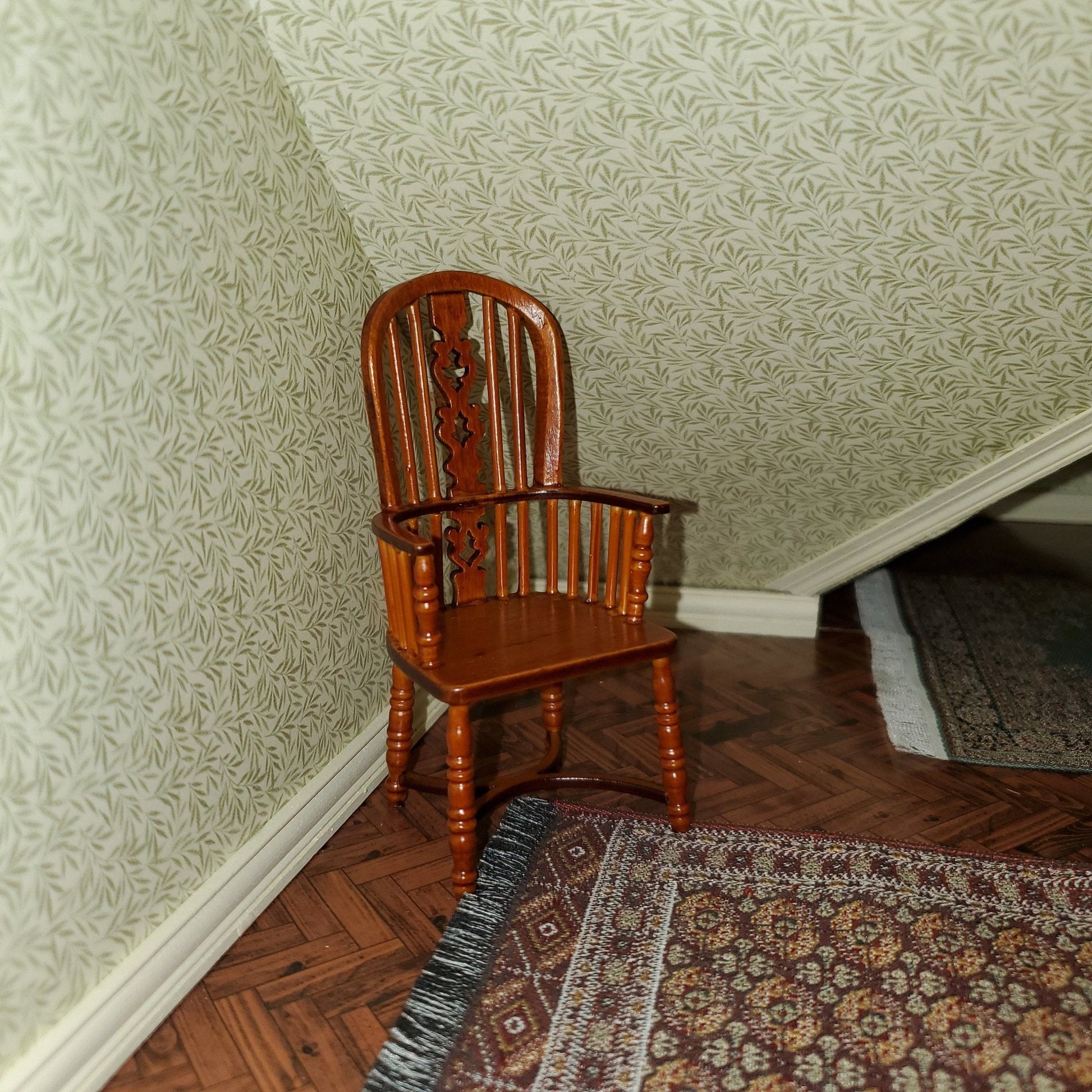 Dollhouse Chair Windsor Fiddleback Walnut Finish Wood 1:12 Miniature Furniture - Miniature Crush