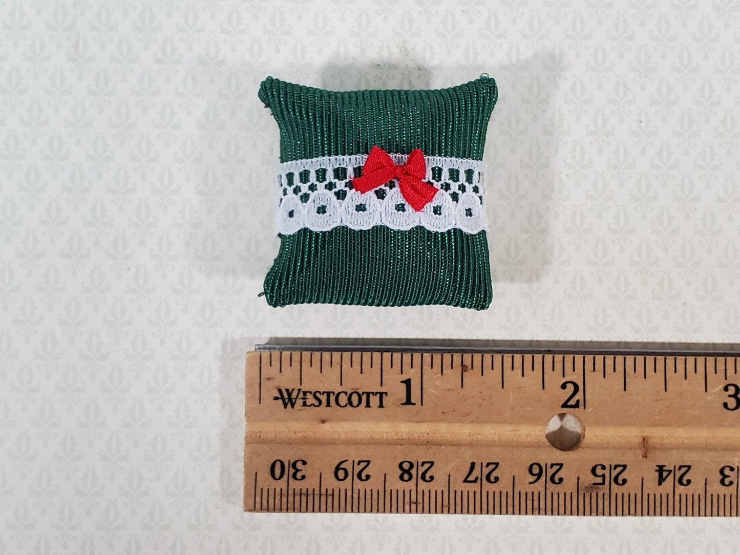 Dollhouse Christmas Pillow Green Lace Red Bow Handmade 1:12 Scale Miniature - Miniature Crush