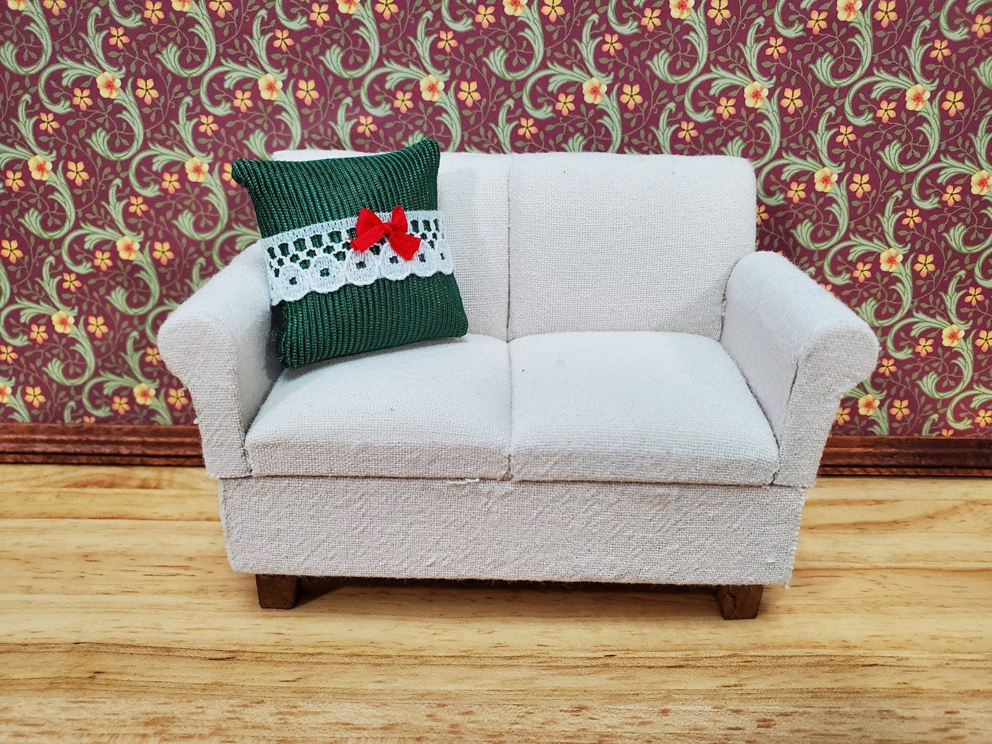Dollhouse Christmas Pillow Green Lace Red Bow Handmade 1:12 Scale Miniature - Miniature Crush