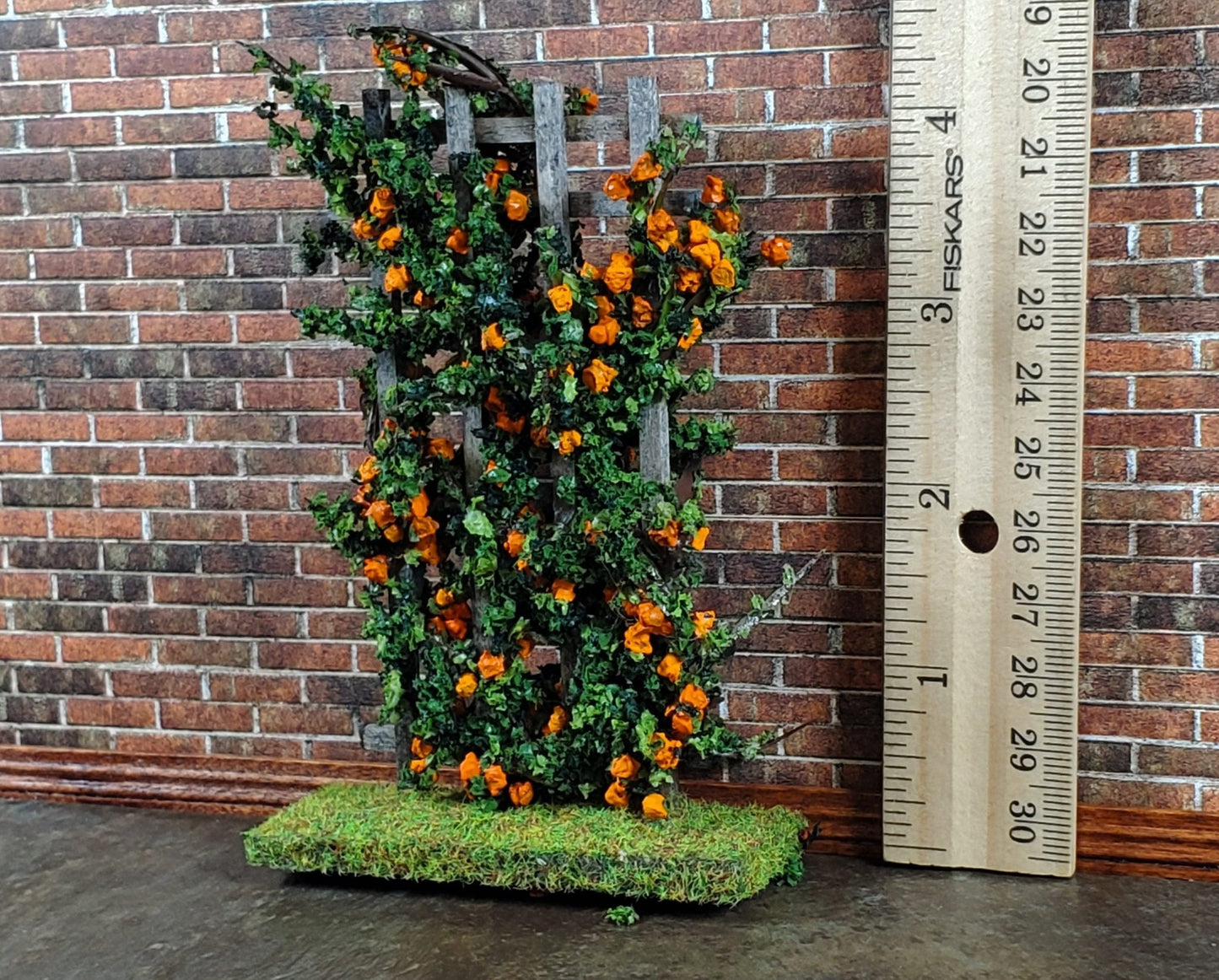 Dollhouse Climbing Roses on Trellis Orange Flowering Shrub 1:12 Scale Miniature - Miniature Crush