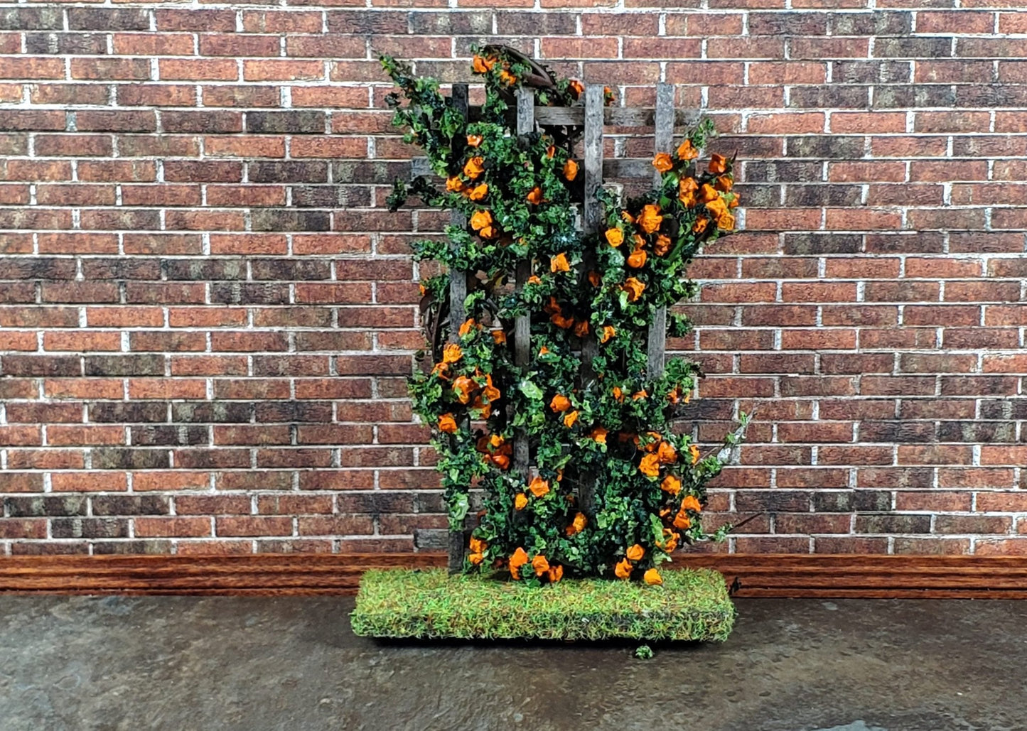 Dollhouse Climbing Roses on Trellis Orange Flowering Shrub 1:12 Scale Miniature - Miniature Crush