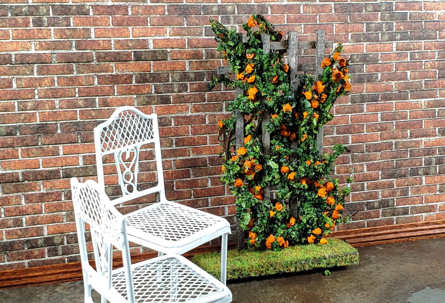 Dollhouse Climbing Roses on Trellis Orange Flowering Shrub 1:12 Scale Miniature - Miniature Crush