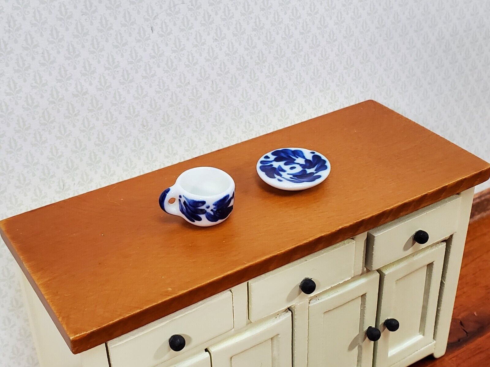 Dollhouse Coffee Mug with Saucer Blue & White LARGE 1:6 Scale Miniature Kitchen - Miniature Crush