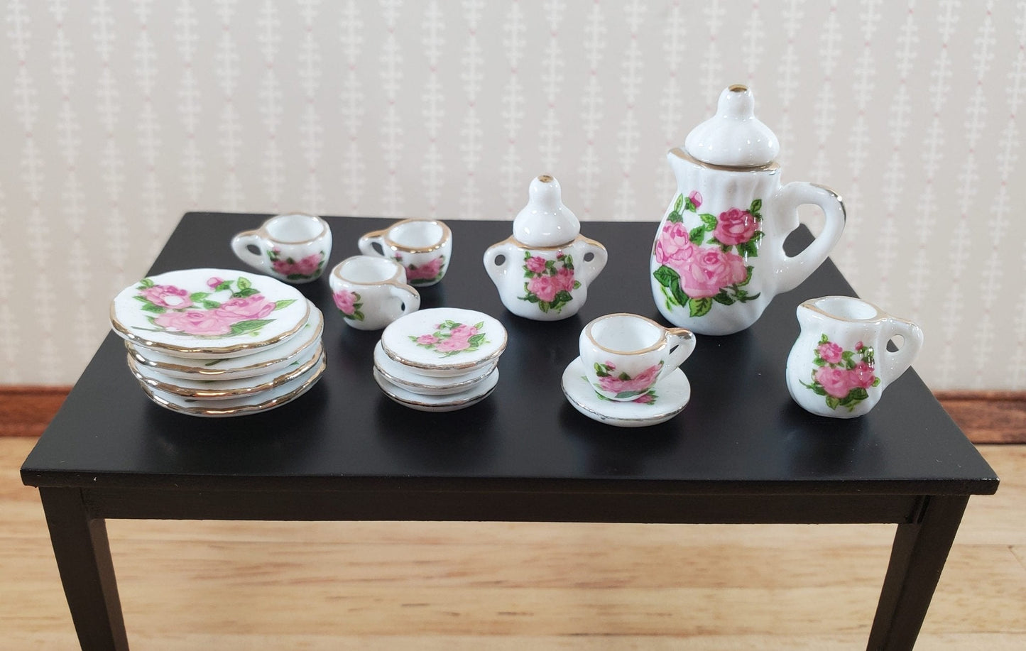 Dollhouse Coffee Set Dinner Plates "English Rose" Ceramic 1:12 Scale Miniature - Miniature Crush