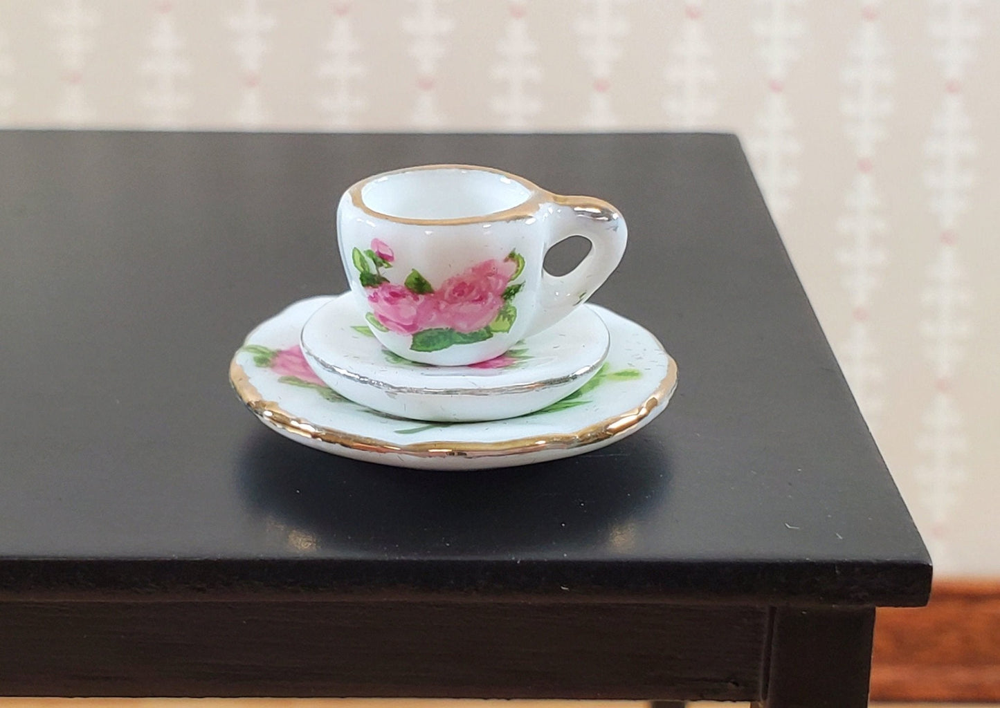Dollhouse Coffee Set Dinner Plates "English Rose" Ceramic 1:12 Scale Miniature - Miniature Crush