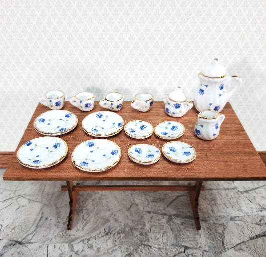 Dollhouse Coffee Tea Set Large Ceramic Pot Plates Cups Saucers 1:12 Scale Blue White - Miniature Crush