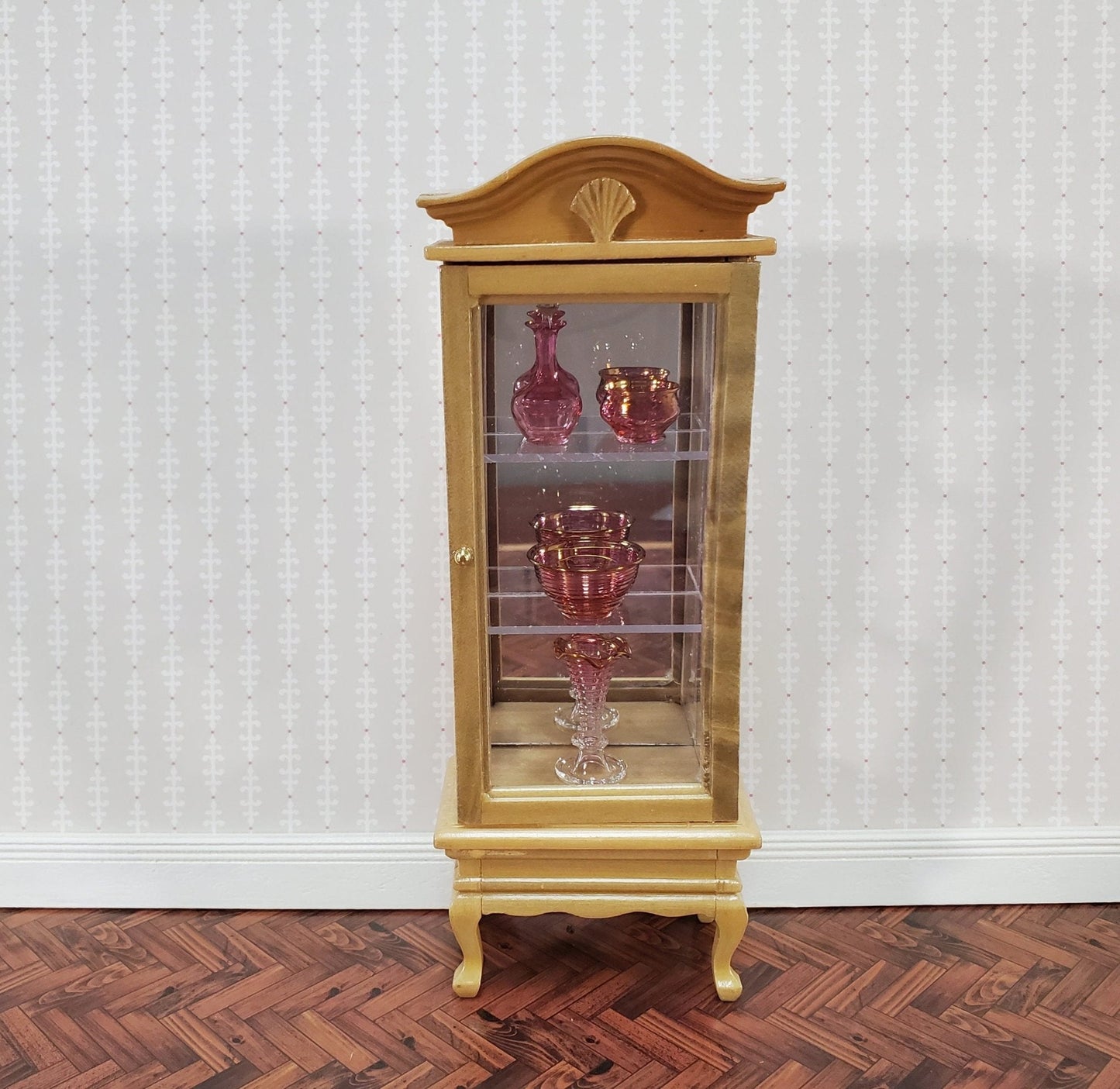 Dollhouse Curio Cabinet Mirrored Back Hutch Light Oak Finish 1:12 Scale Miniature Furniture - Miniature Crush