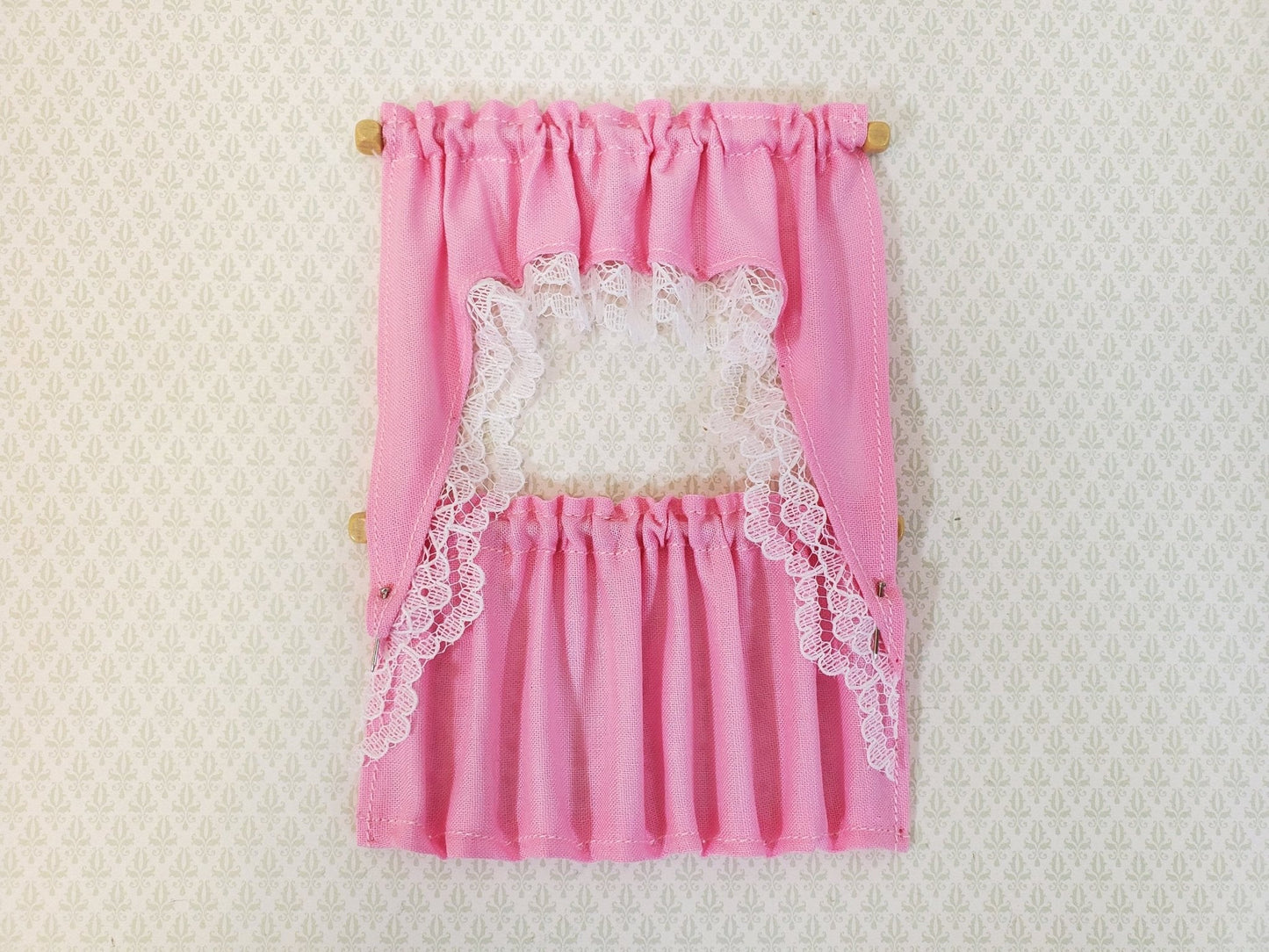 Dollhouse Curtains Cafe Style PINK with White Lace Wood Curtain Rod 1:12 Scale - Miniature Crush