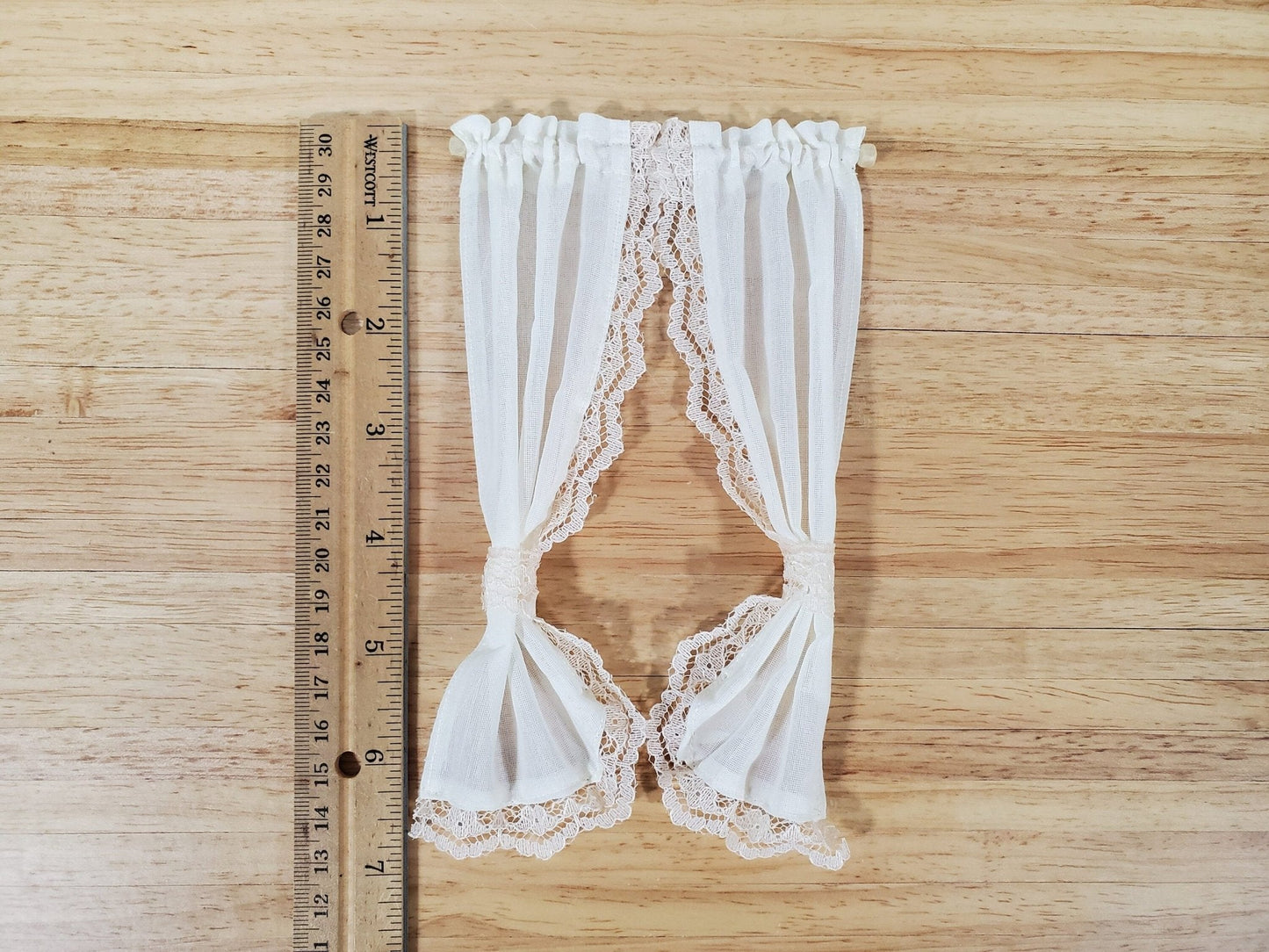 Dollhouse Curtains Fabric & Lace Cream Tie Back with Curtain Rod 1:12 Scale Miniatures Handmade - Miniature Crush