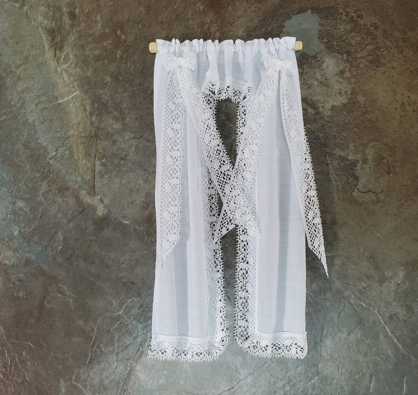 Dollhouse Curtains White Lacy with Curtain Rod 1:12 Scale Miniatures Handmade - Miniature Crush