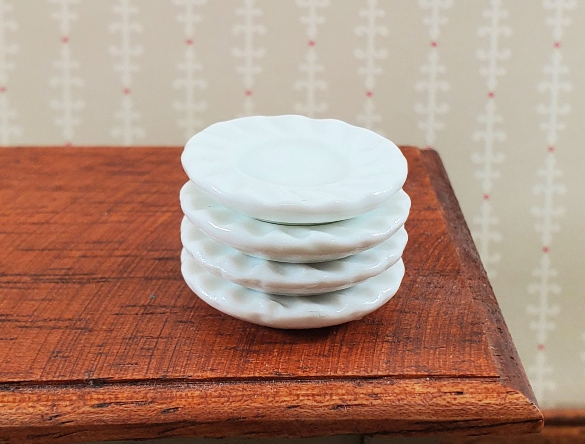 Dollhouse Dinner Plates All White Ceramic Fluted Edges x4 1:12 Scale Miniature - Miniature Crush