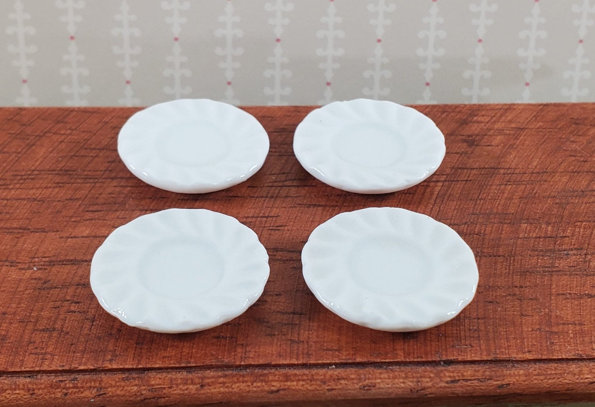 Dollhouse Dinner Plates All White Ceramic Fluted Edges x4 1:12 Scale Miniature - Miniature Crush