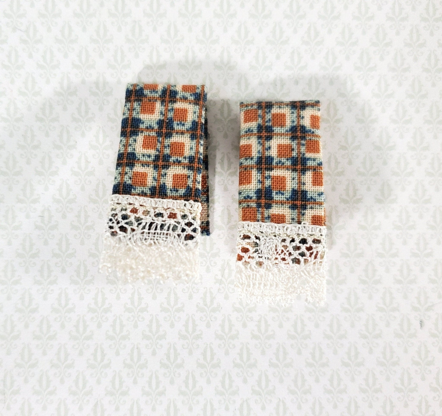 Dollhouse Dish Towels with Lace Blue & Rust Handmade 1:12 Scale Miniature for Kitchen - Miniature Crush