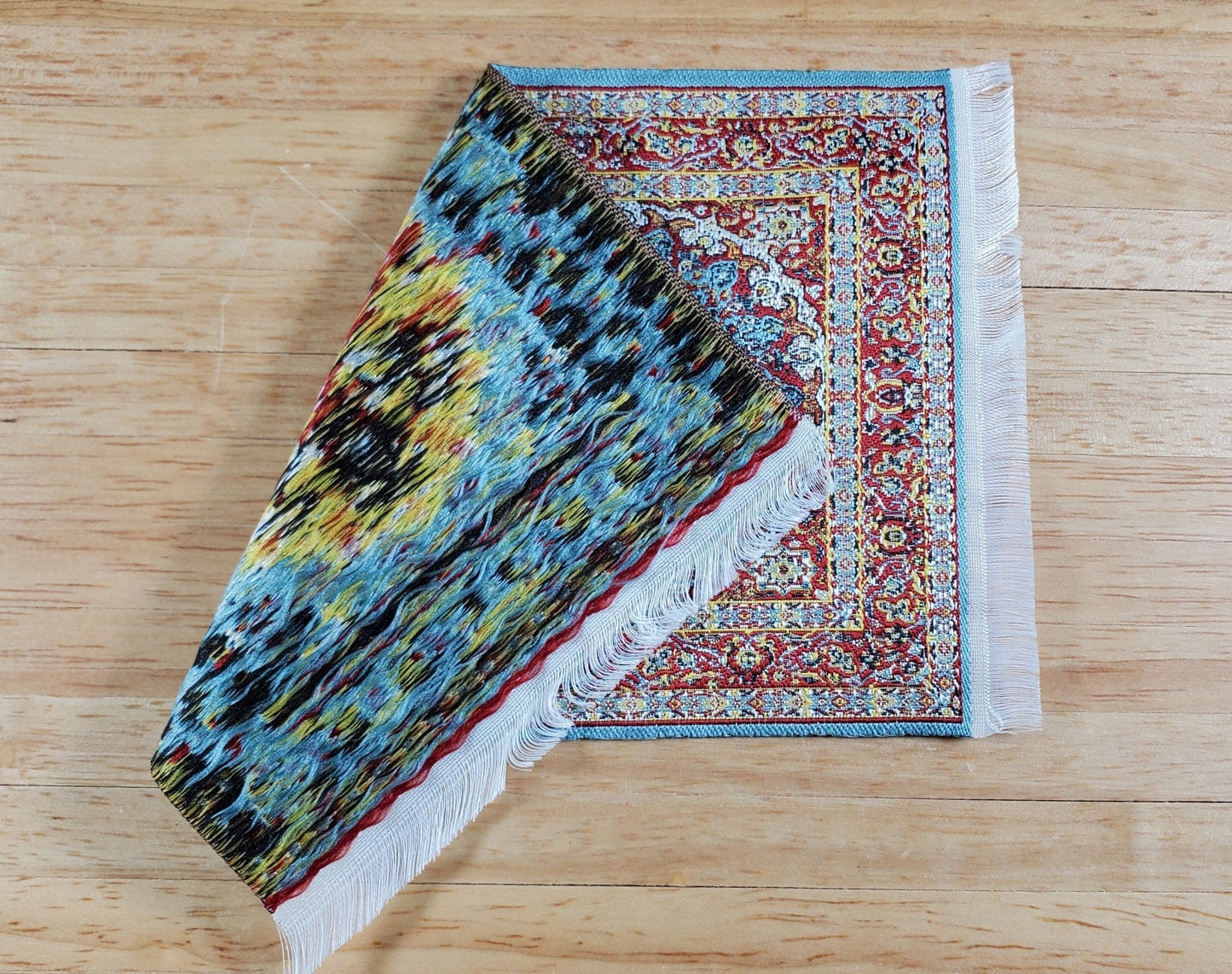 Dollhouse Fabric Rug Blue Maroon White 6" x 4" Woven Fabric 1:12 Scale Miniature - Miniature Crush