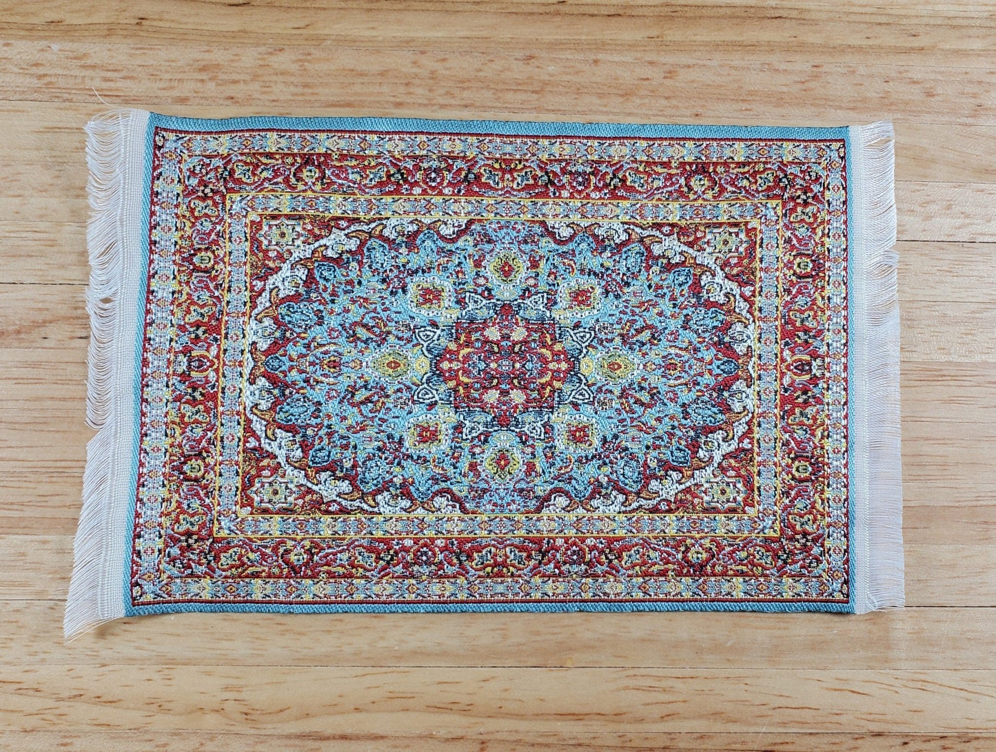 Dollhouse Fabric Rug Blue Maroon White 6" x 4" Woven Fabric 1:12 Scale Miniature - Miniature Crush