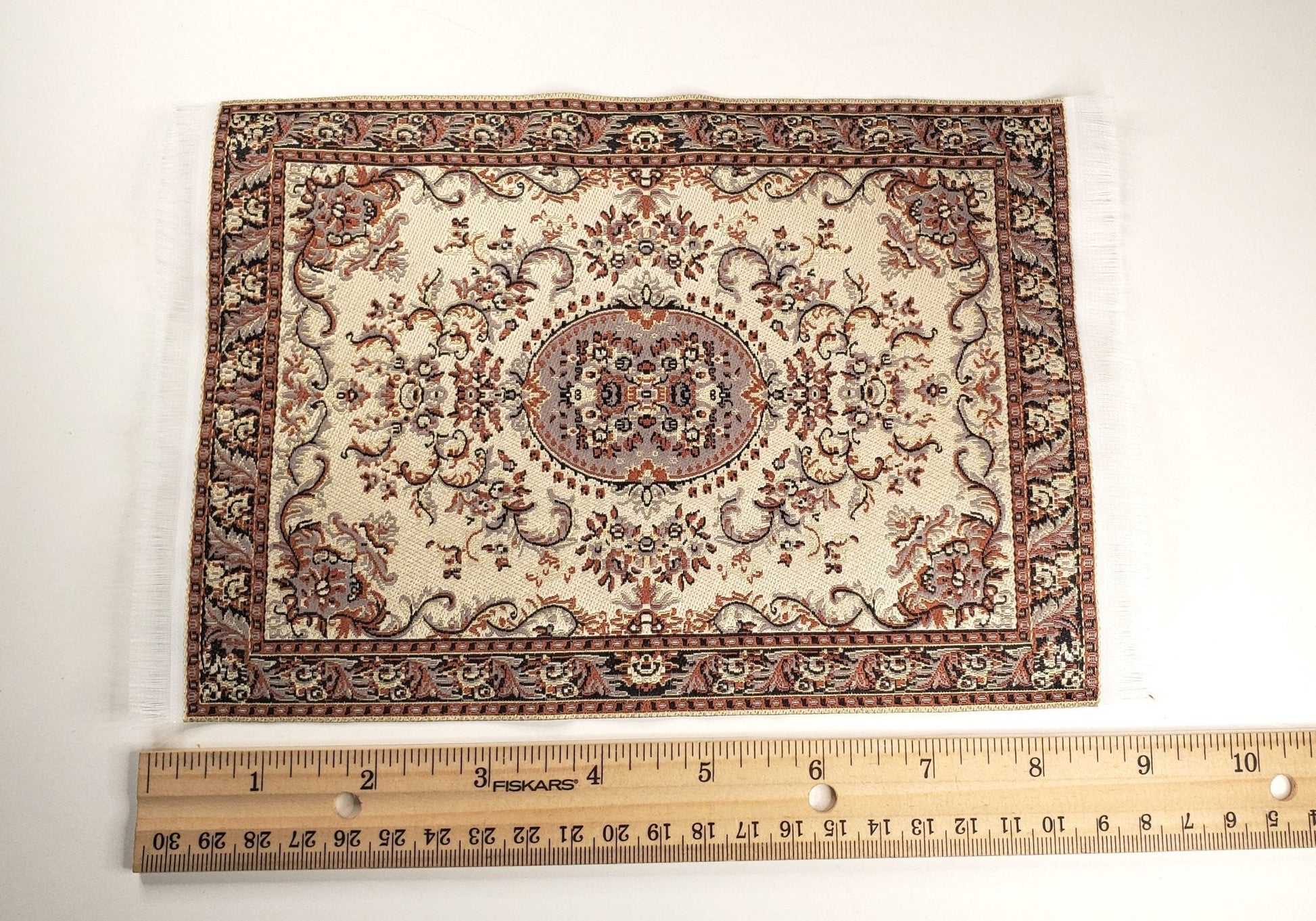 Dollhouse Fabric Rug Large Beige Black 9 1/4" x 6" 1:12 Scale Miniature Carpet - Miniature Crush
