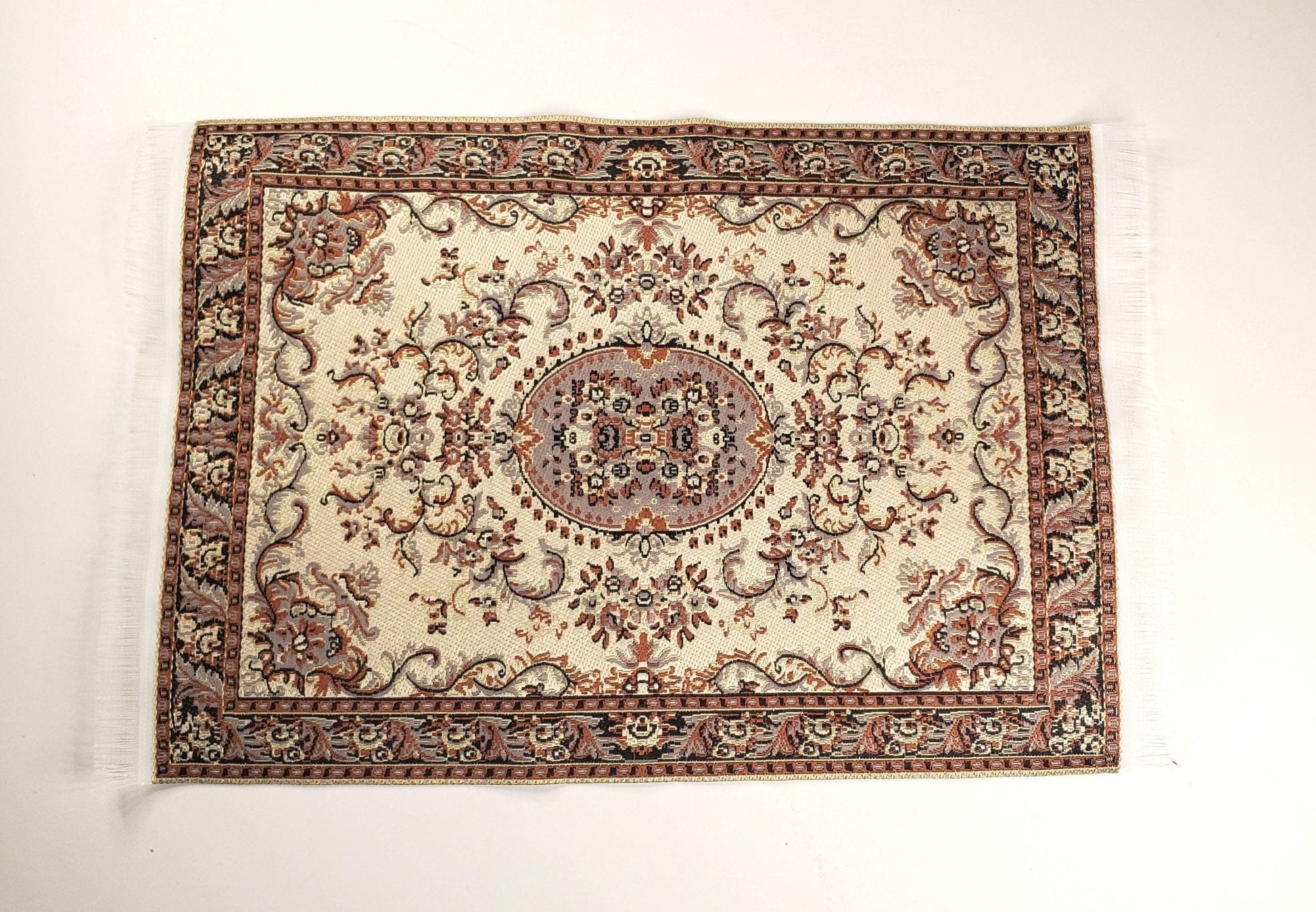 Dollhouse Fabric Rug Large Beige Black 9 1/4" x 6" 1:12 Scale Miniature Carpet - Miniature Crush