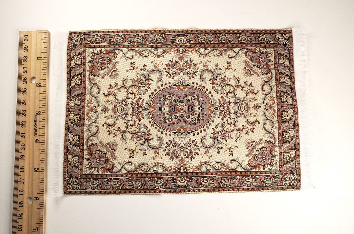 Dollhouse Fabric Rug Large Beige Black 9 1/4" x 6" 1:12 Scale Miniature Carpet - Miniature Crush