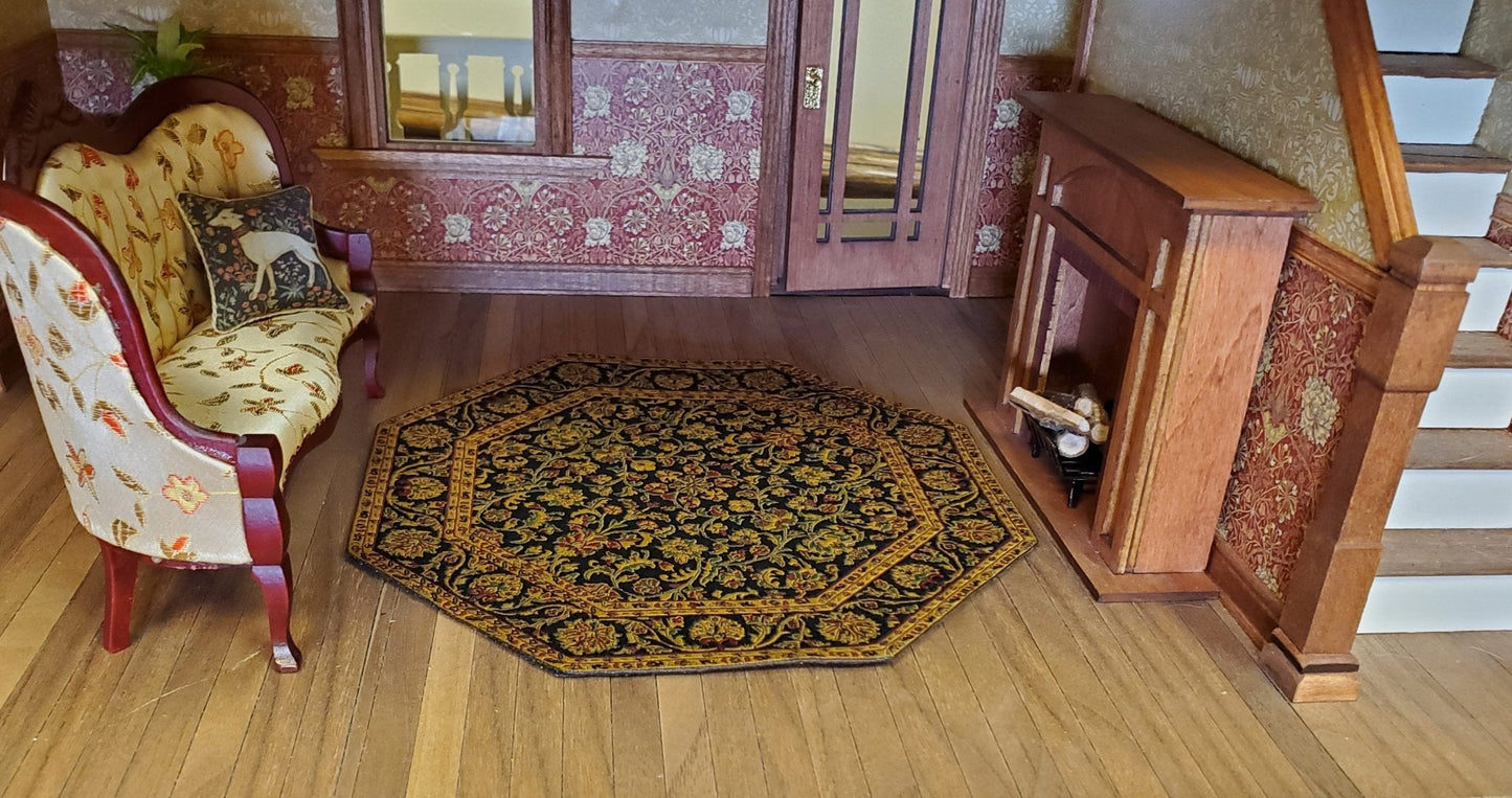Dollhouse Fabric Rug Octagon Black Gold Green Red 1:12 Scale Miniature 6 3/4" - Miniature Crush