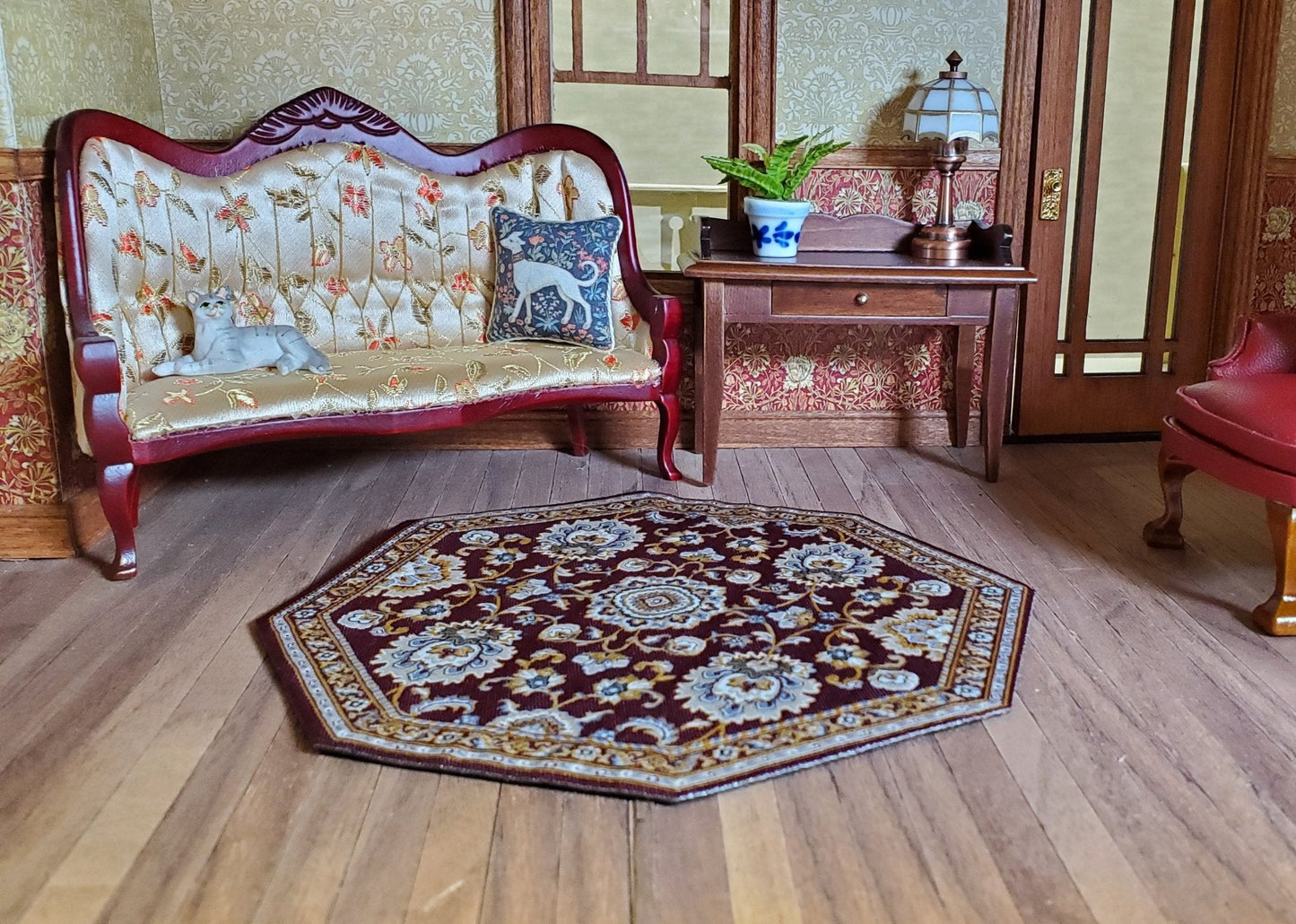 Dollhouse Fabric Rug Octagon Maroon and Gold 1:12 Scale Miniature 5 3/4" - Miniature Crush