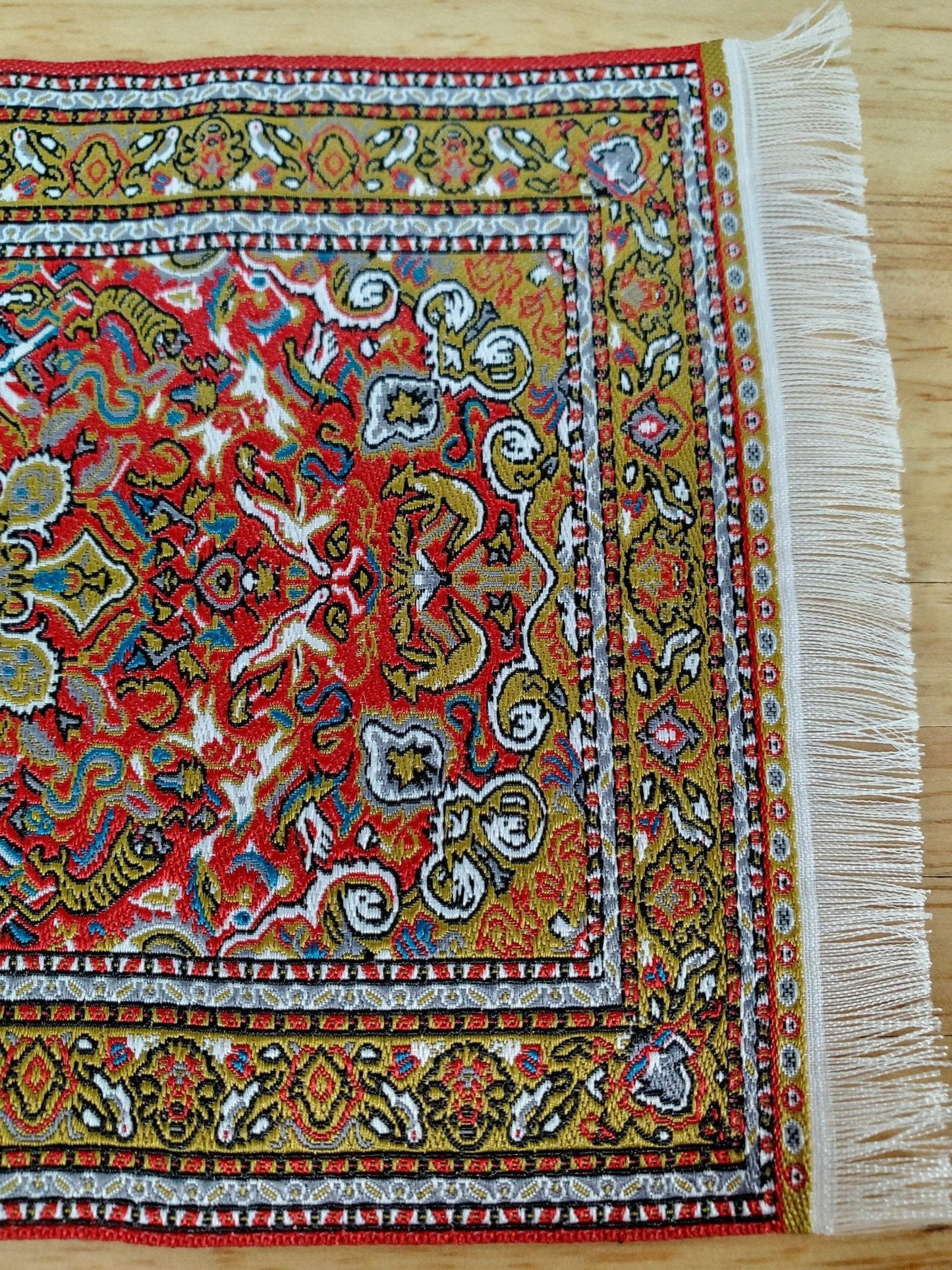 Dollhouse Fabric Rug Small Woven Fabric Red Gold 6 1/4" x 4" with Fringe 1:12 Scale Miniature - Miniature Crush
