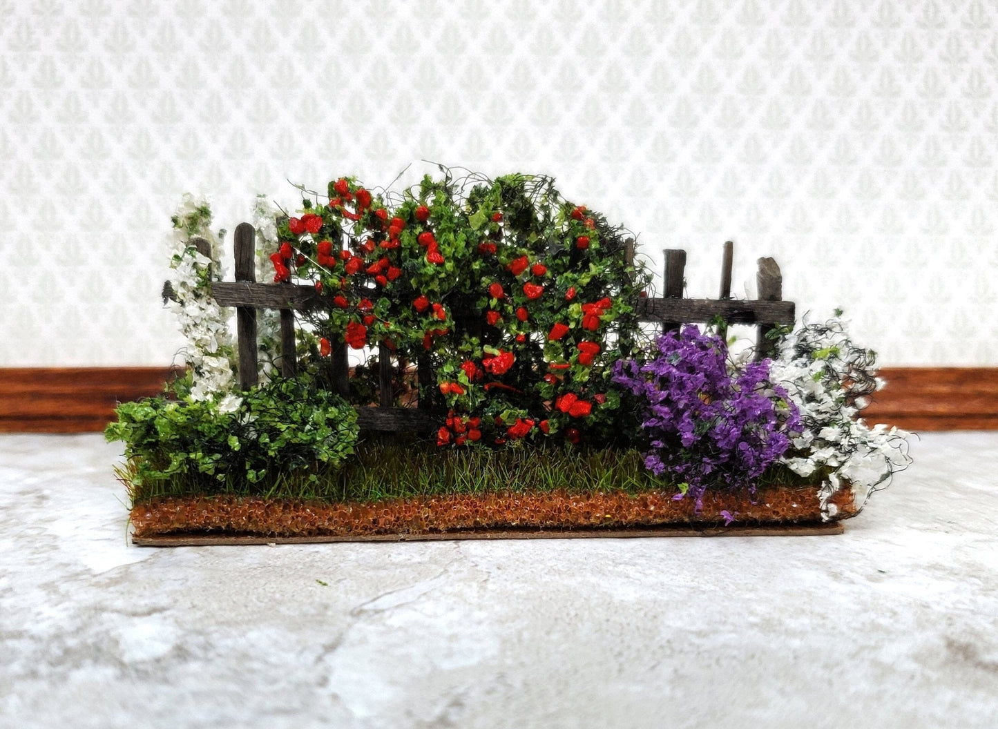 Dollhouse Flowers with Fence Red White Purple 1:12 Scale Miniature 2 Sided - Miniature Crush