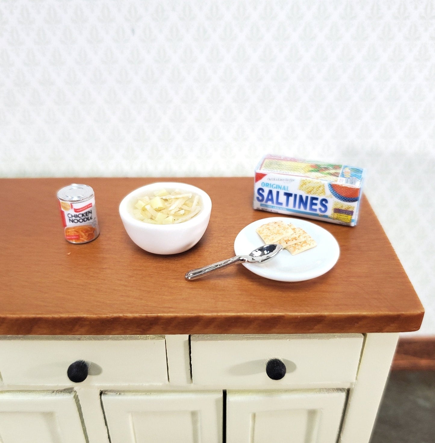 Dollhouse Food Chicken Noodle Soup Crackers Can Spoon 1:12 Scale Miniature - Miniature Crush